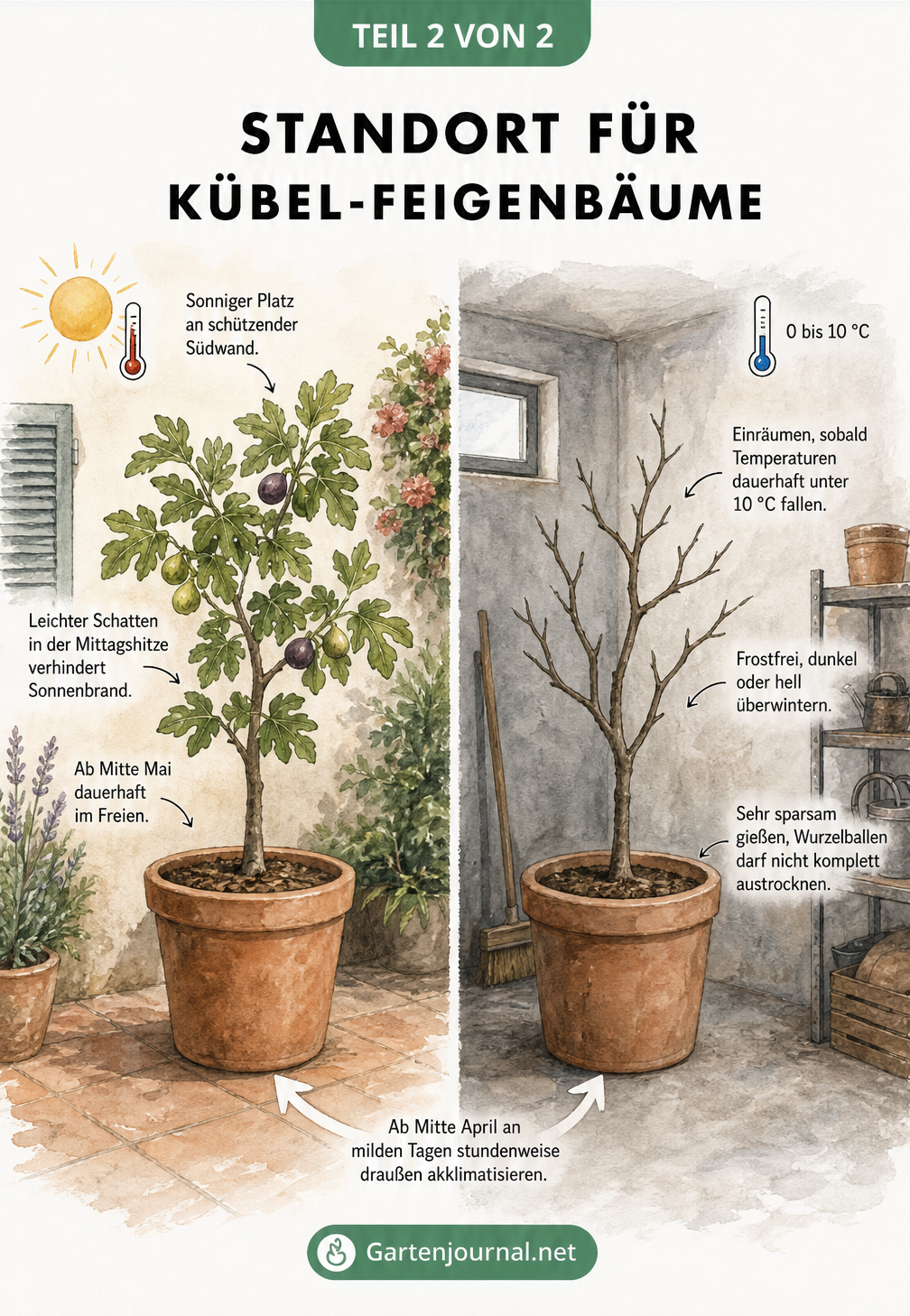 Zweigeteilte Darstellung eines Feigenbaums im Kübel: links im Sommer auf der sonnigen Terrasse, rechts im Winterquartier bei 0 bis 10 Grad