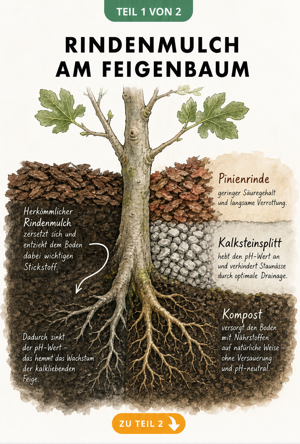 Querschnitt-Illustration eines Feigenbaums, die die negativen Auswirkungen von Rindenmulch im Vergleich zu gesunden Alternativen wie Pinienrinde,...
