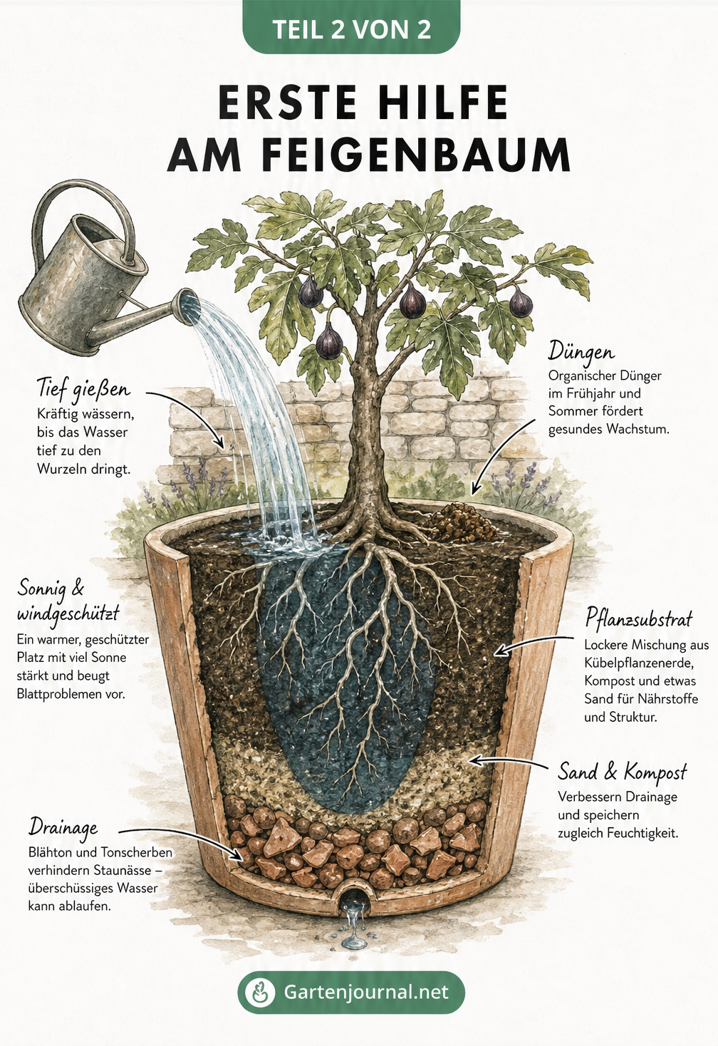 Querschnitt durch einen Pflanzkübel mit einem gesunden Feigenbaum, der die richtige Drainage, das Substrat und die Bewässerung zeigt.