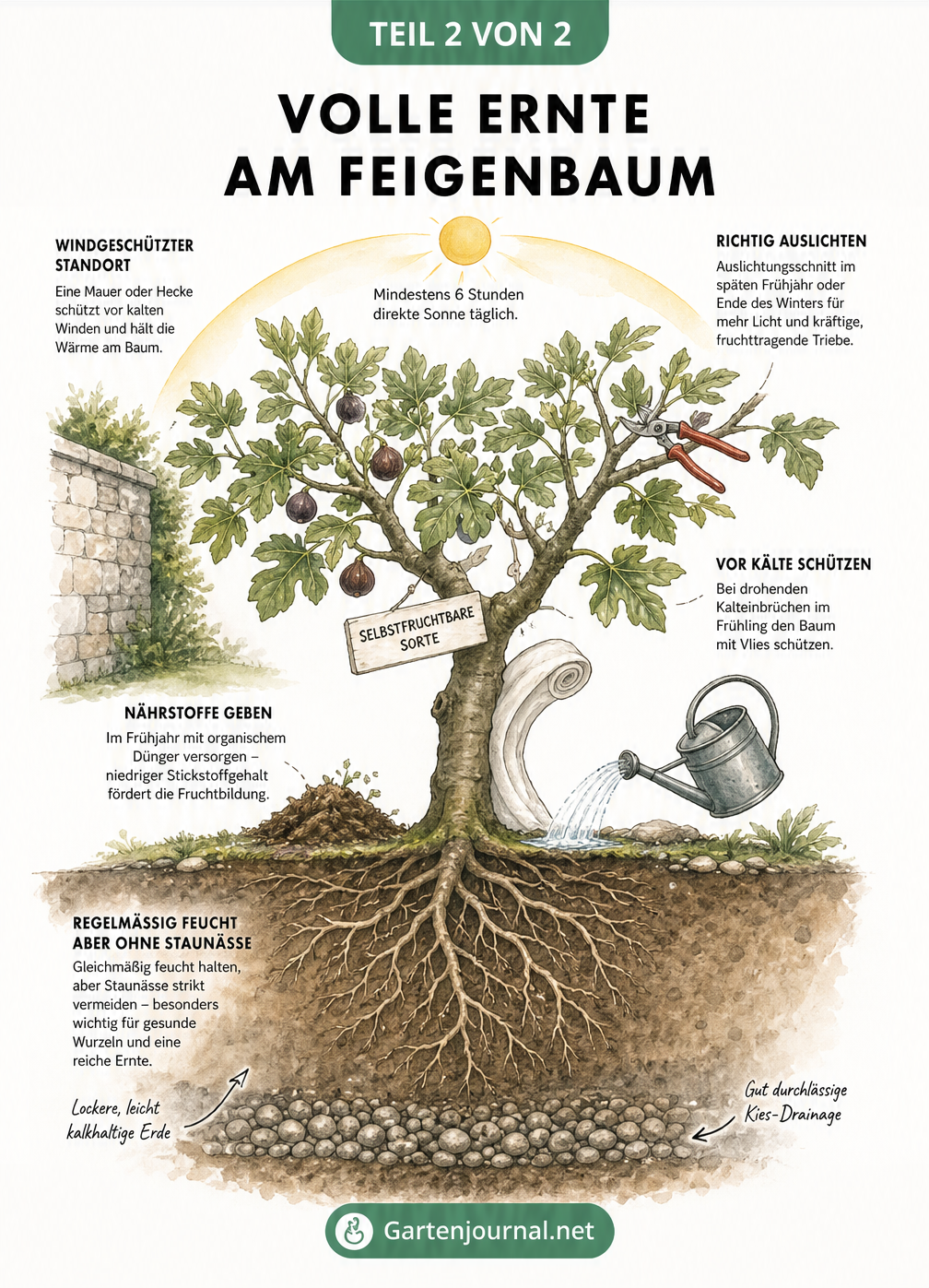 Querschnitt eines gesunden Feigenbaums mit optimalen Bedingungen wie Sonne, Windschutz, richtigem Schnitt, Frostschutz und Drainage