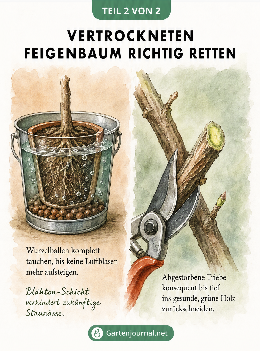 Zeichnung eines Pflanzkübels im Wasserbad und einer Gartenschere, die einen vertrockneten Ast bis ins grüne Holz zurückschneidet