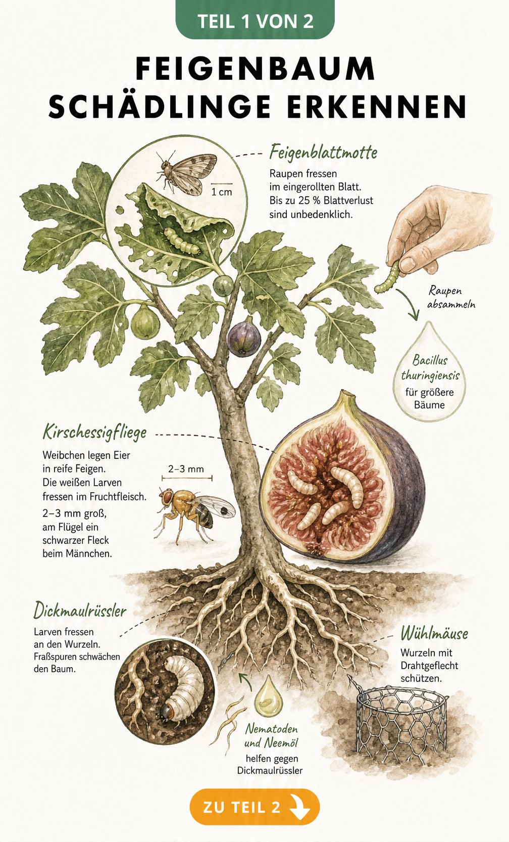 Botanische Illustration eines Feigenbaums mit Feigenblattmotte, Kirschessigfliege und Dickmaulrüssler sowie deren Schadbildern