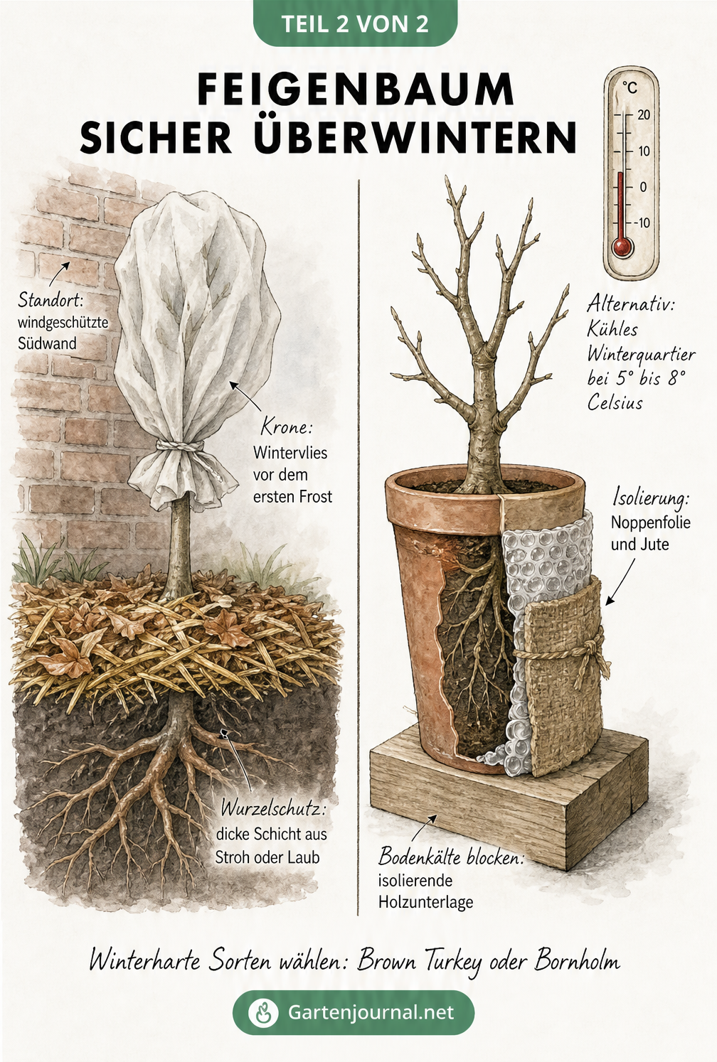 Schnittzeichnung eines Feigenbaums im Garten mit Wintervlies und eines Feigenbaums im Kübel mit Noppenfolie