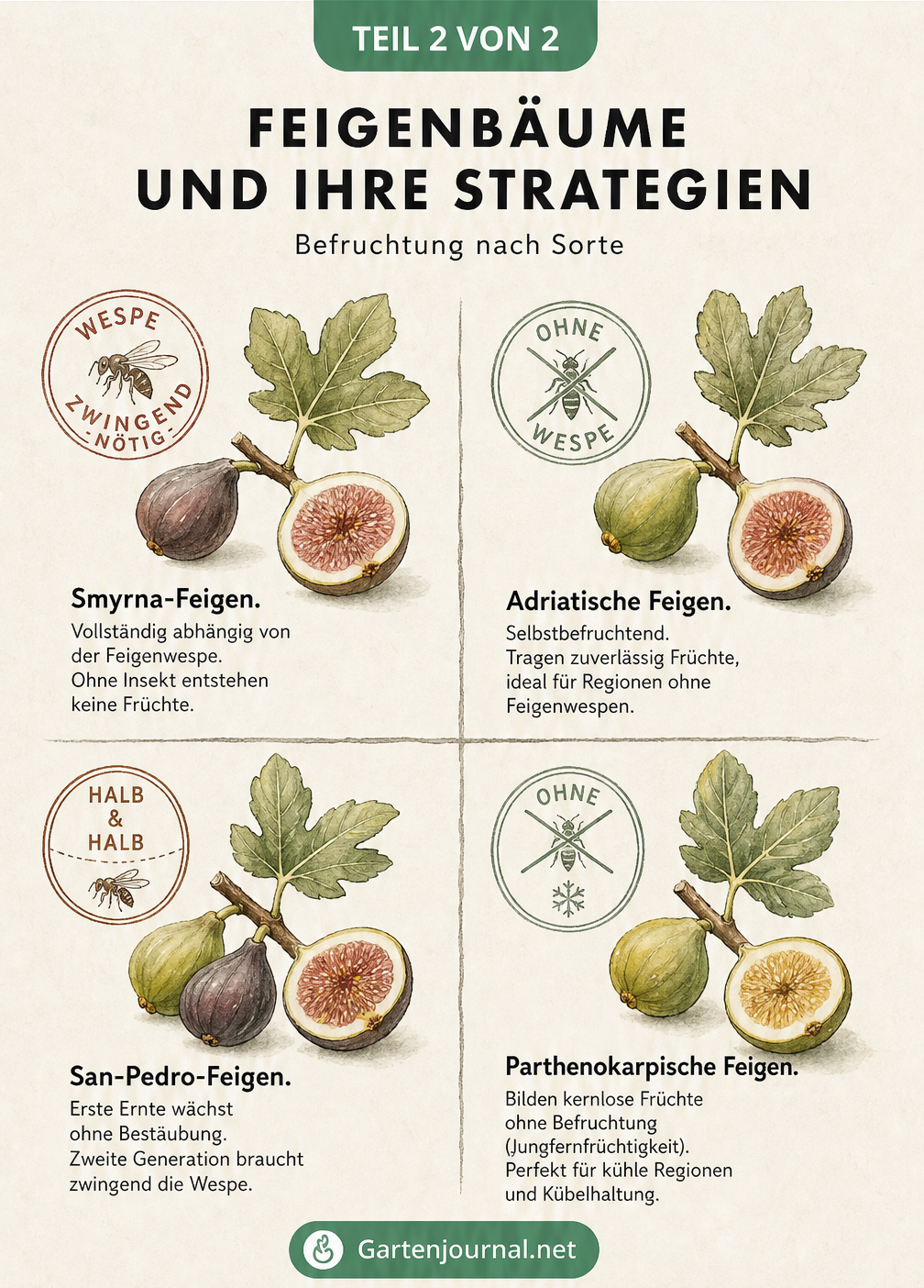 Illustration von vier Feigenbaum-Typen und ihrer Abhängigkeit von der Feigenwespe zur Befruchtung.
