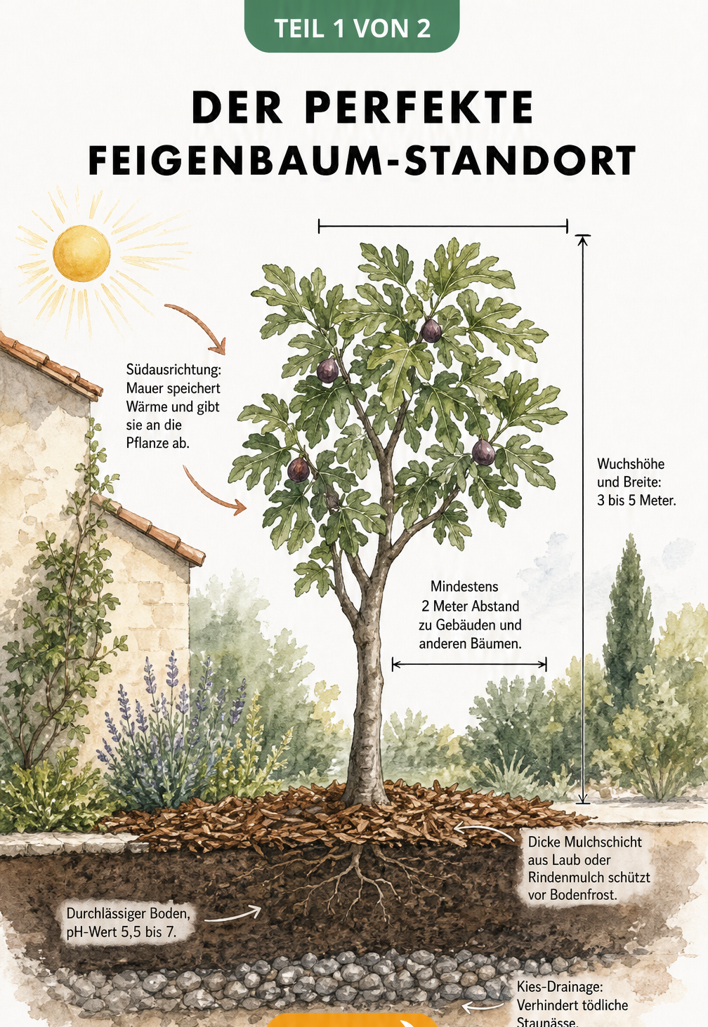Querschnitt eines Gartens mit Feigenbaum, der die optimale Südausrichtung, den Platzbedarf und den Bodenaufbau mit Kies-Drainage und Mulchschicht zeigt