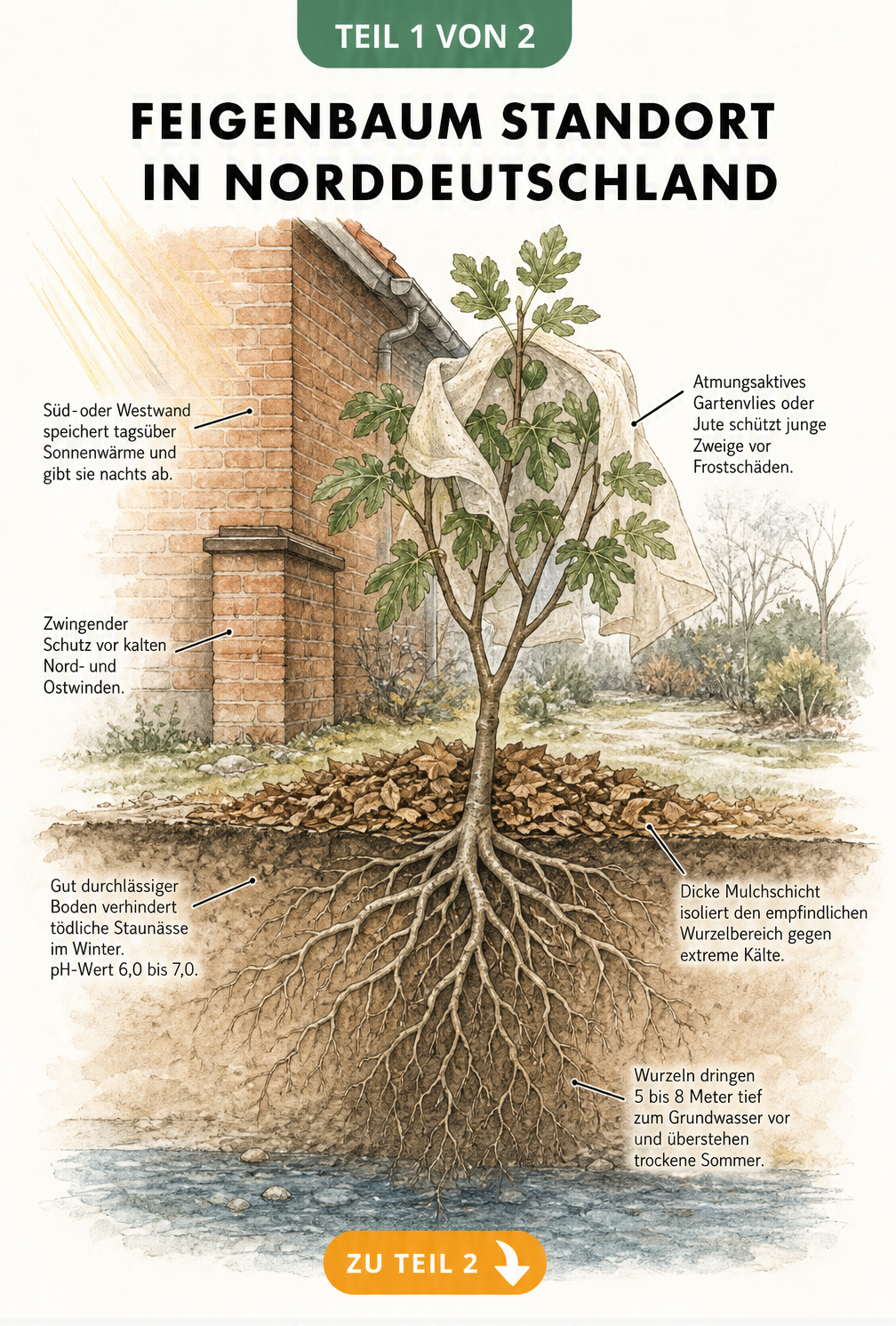 Illustration eines Feigenbaums an einer Hauswand mit Hinweisen zu Standort, Winterschutz und Bodenbeschaffenheit in Norddeutschland