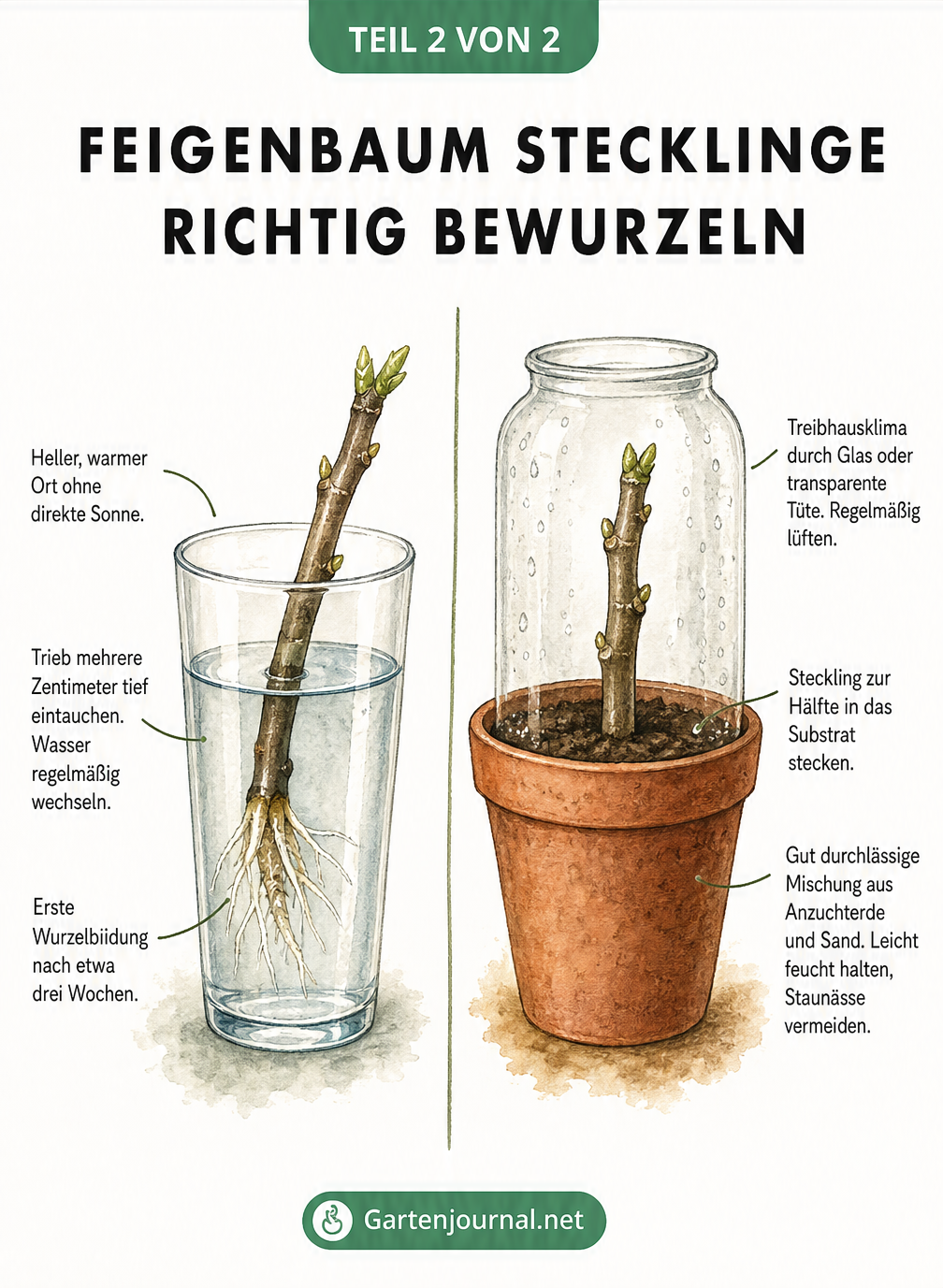 Vergleich der Bewurzelungsmethoden für Feigenbaum-Stecklinge im Wasserglas und im Topf mit Erde