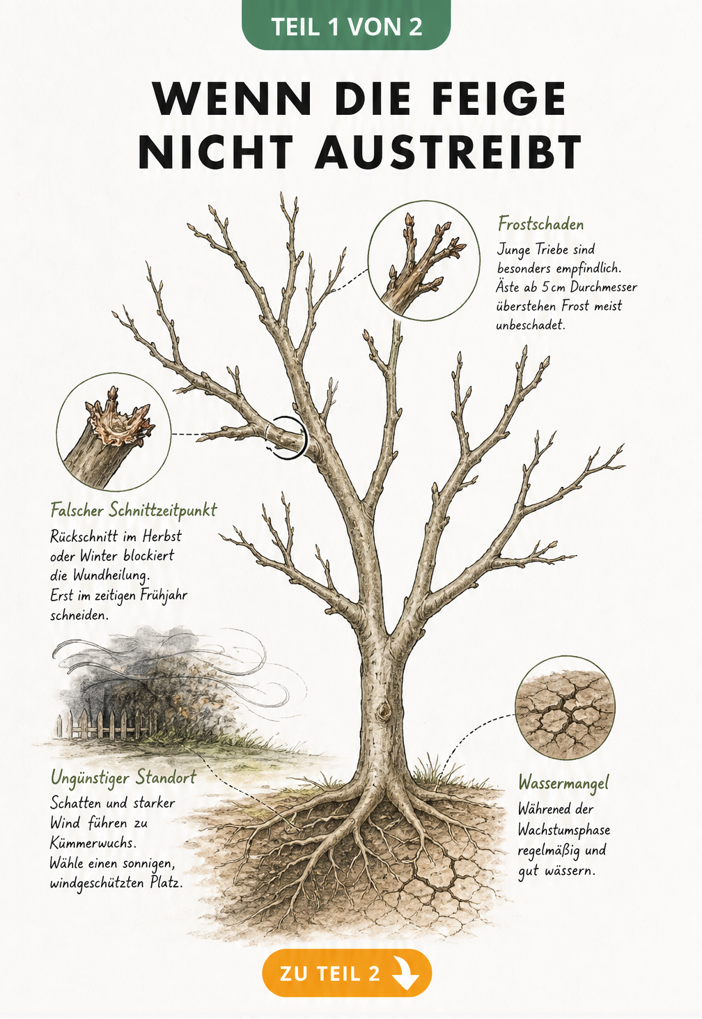 Botanische Illustration eines kahlen Feigenbaums, die Ursachen für fehlenden Austrieb wie Frostschäden, falschen Schnittzeitpunkt, Schattenstandort und...