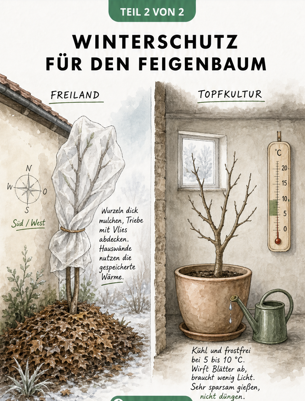 Illustration zweier Überwinterungsmethoden für Feigenbäume: Freiland mit Mulch und Vlies sowie Topfkultur im kühlen Innenraum