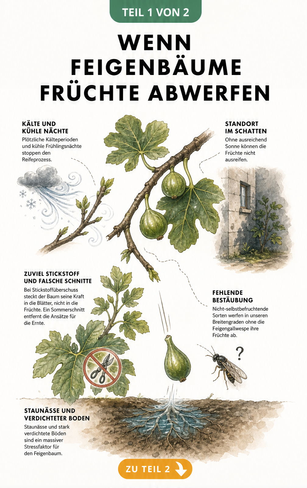 Illustration eines Feigenastes mit abfallender Frucht und den fünf Hauptstressfaktoren wie Klima, Standort, Nährstoffe, Bestäubung und Staunässe