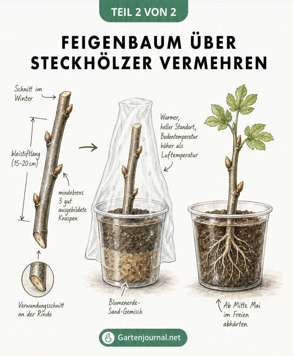 Zeichnung der Vermehrung eines Feigenbaums durch Steckhölzer im Topf mit Plastiktüte als Treibhaus