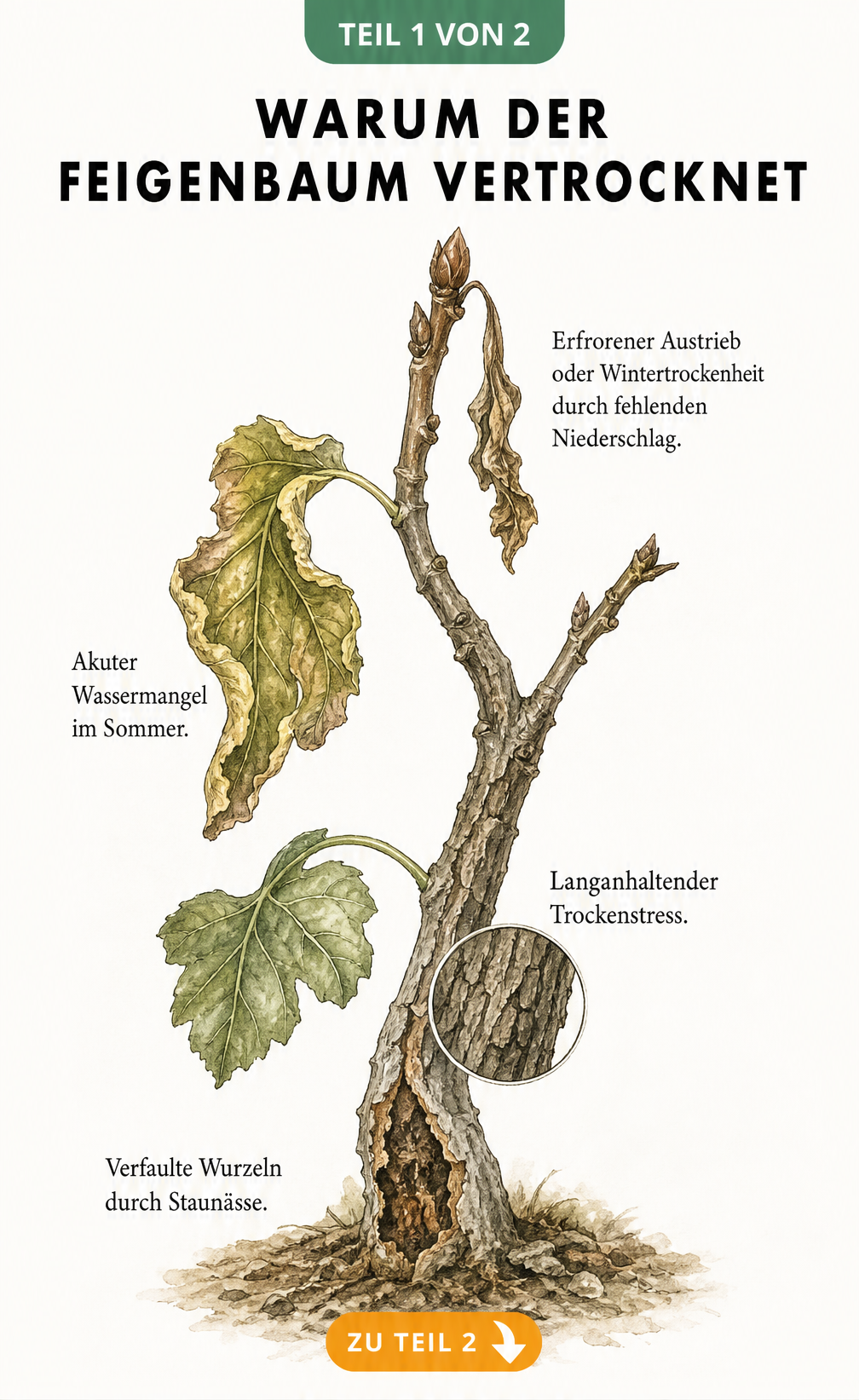 Illustration eines Feigenbaumzweigs mit Schadbildern wie erfrorenem Austrieb, eingerollten Blättern, schrumpeliger Rinde und verfaulten Wurzeln
