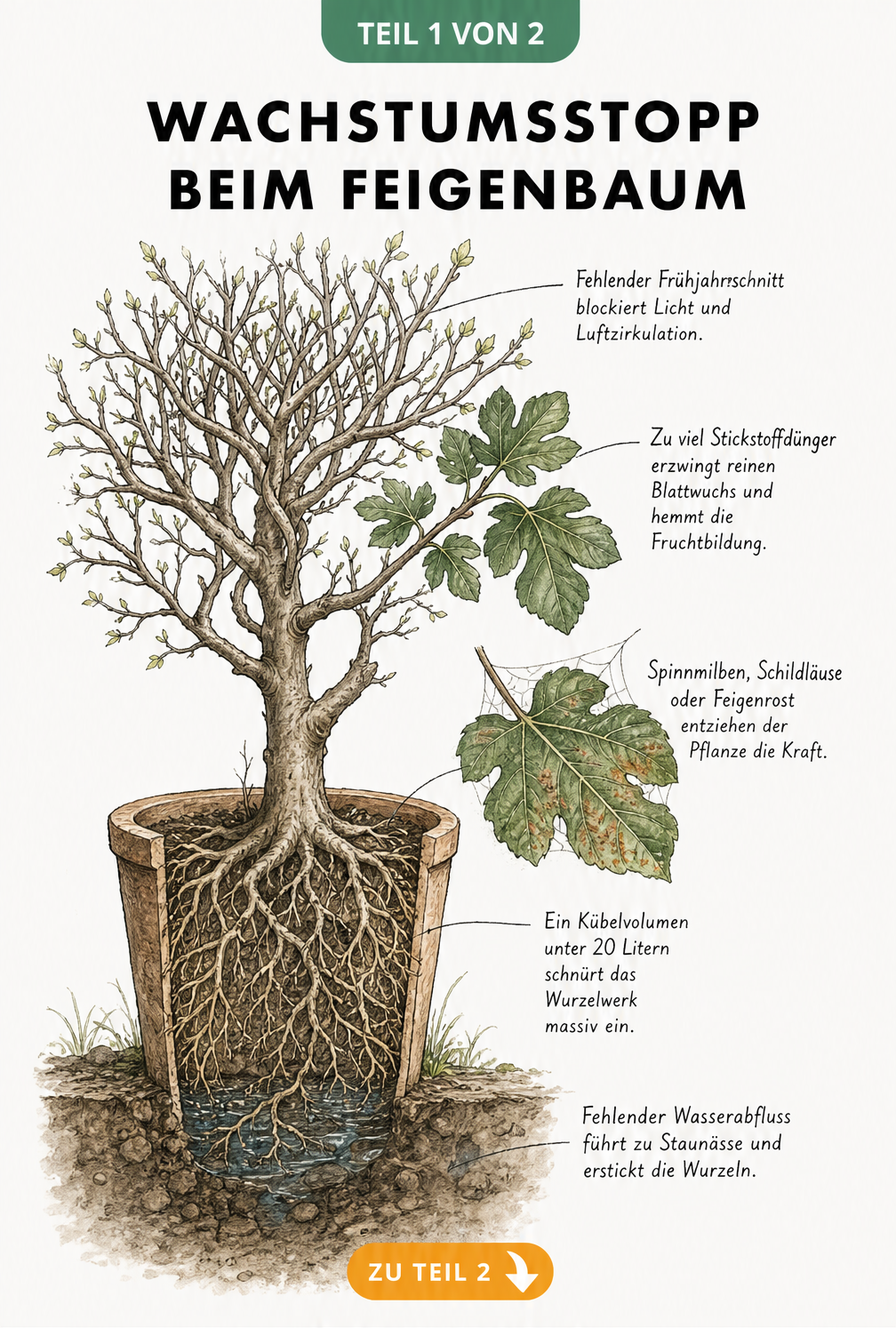 Botanische Illustration eines stagnierenden Feigenbaums im Querschnitt mit Ursachen für Wachstumsstopp wie fehlender Schnitt, zu viel Stickstoff, Schädlinge...