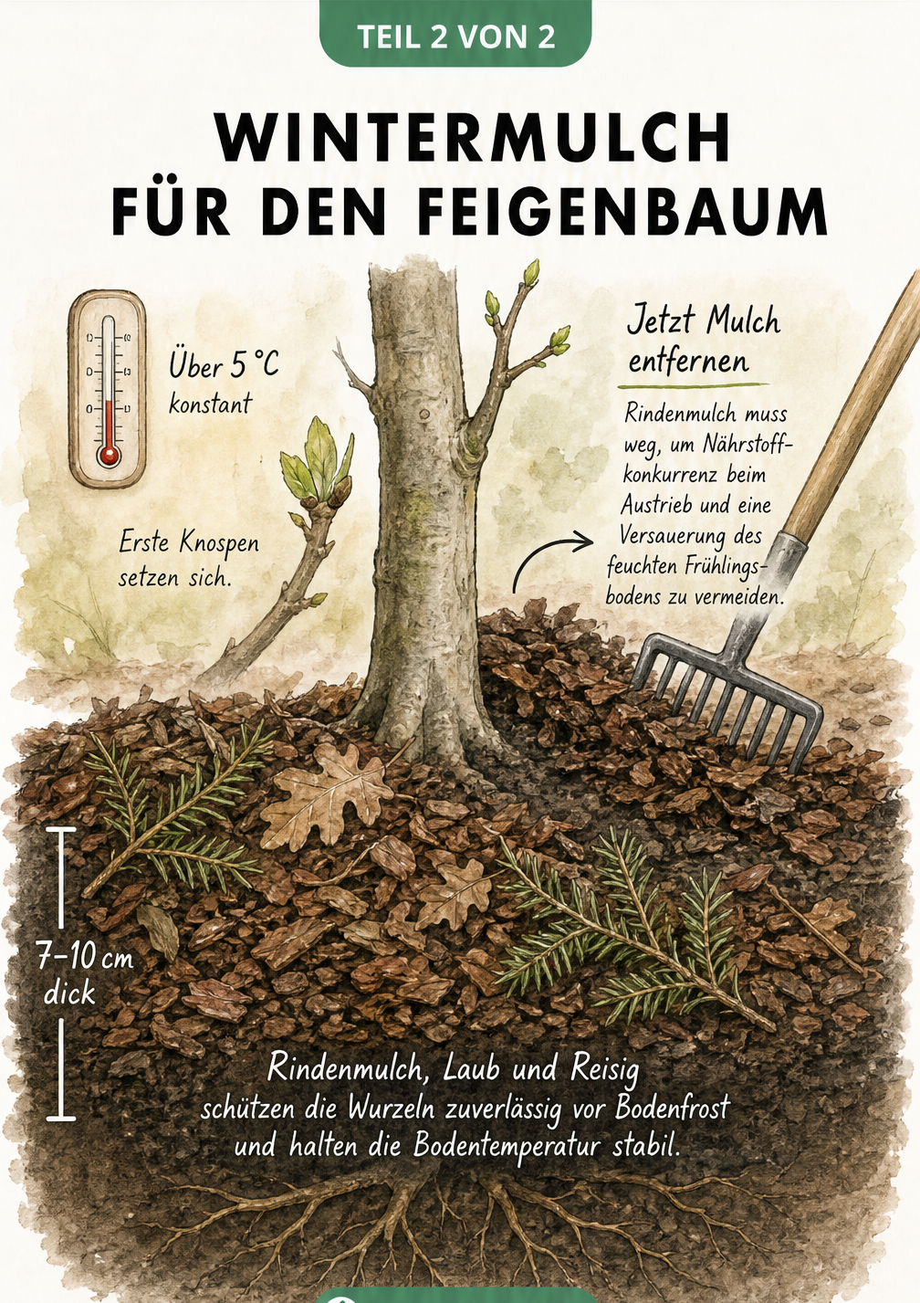 Illustration eines Feigenbaumstamms im Jahreszeitenübergang, die zeigt, wie eine dicke Schicht Wintermulch im Frühling bei Temperaturen über 5 Grad entfernt...