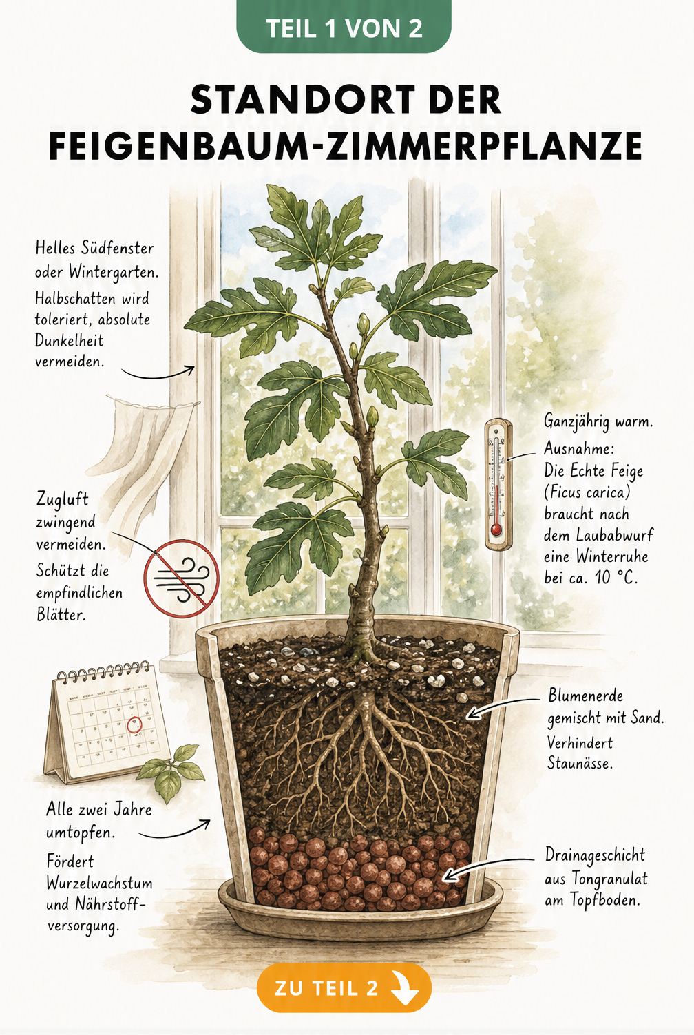 Botanische Illustration eines Feigenbaums im Wohnzimmer mit Querschnitt des Pflanzkübels, der die Erdschichten und Drainage zeigt.