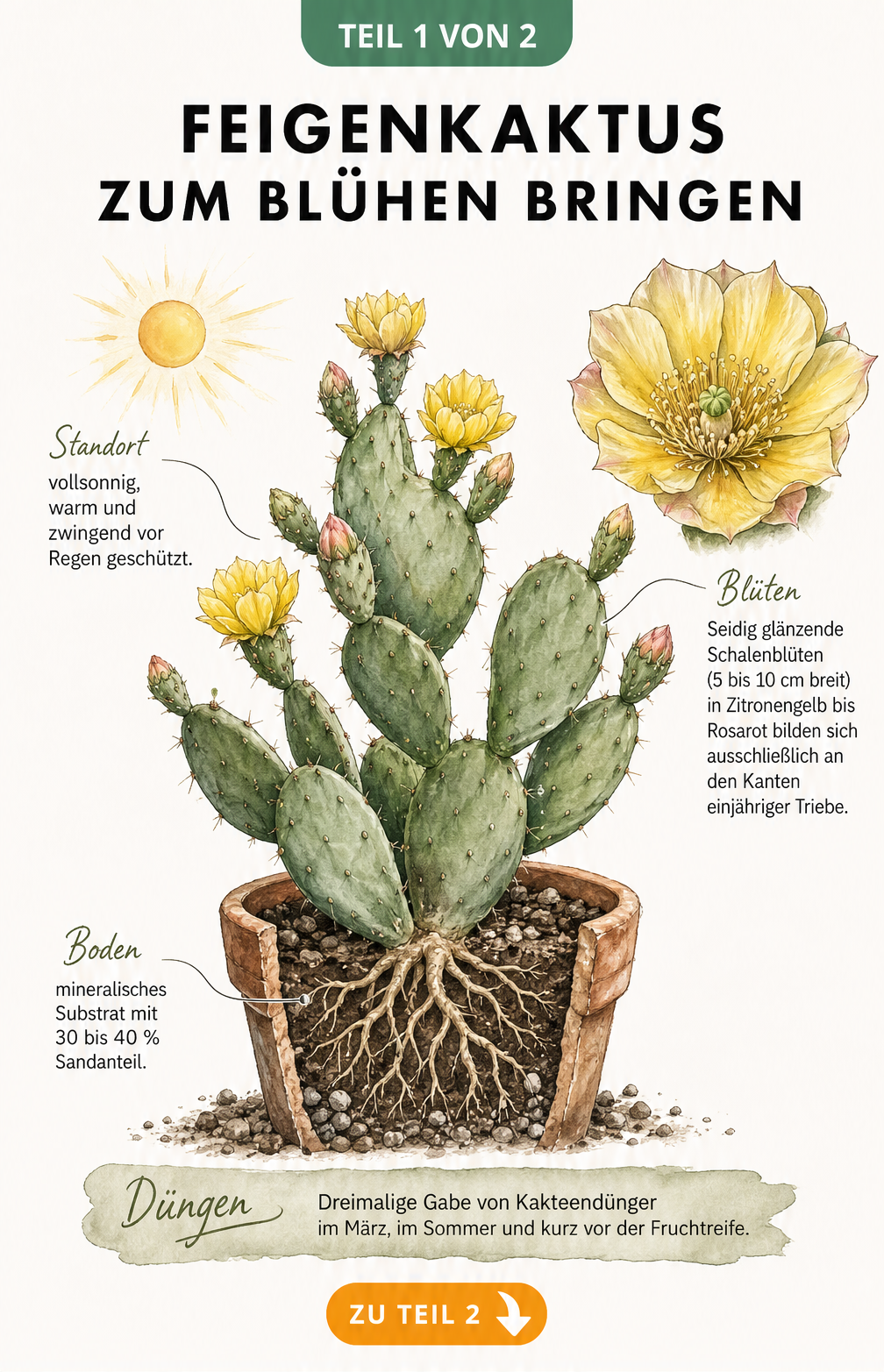 Botanische Illustration eines Feigenkaktus im Querschnitt mit leuchtenden Blüten, Standortbedingungen und Pflegehinweisen