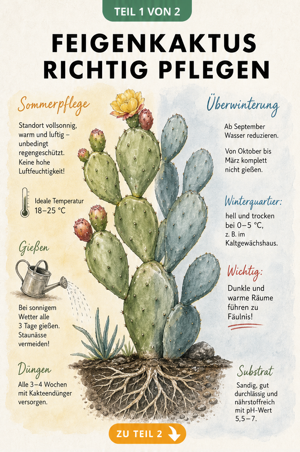 Illustration eines Feigenkaktus mit Pflegehinweisen für Sommer und Winter