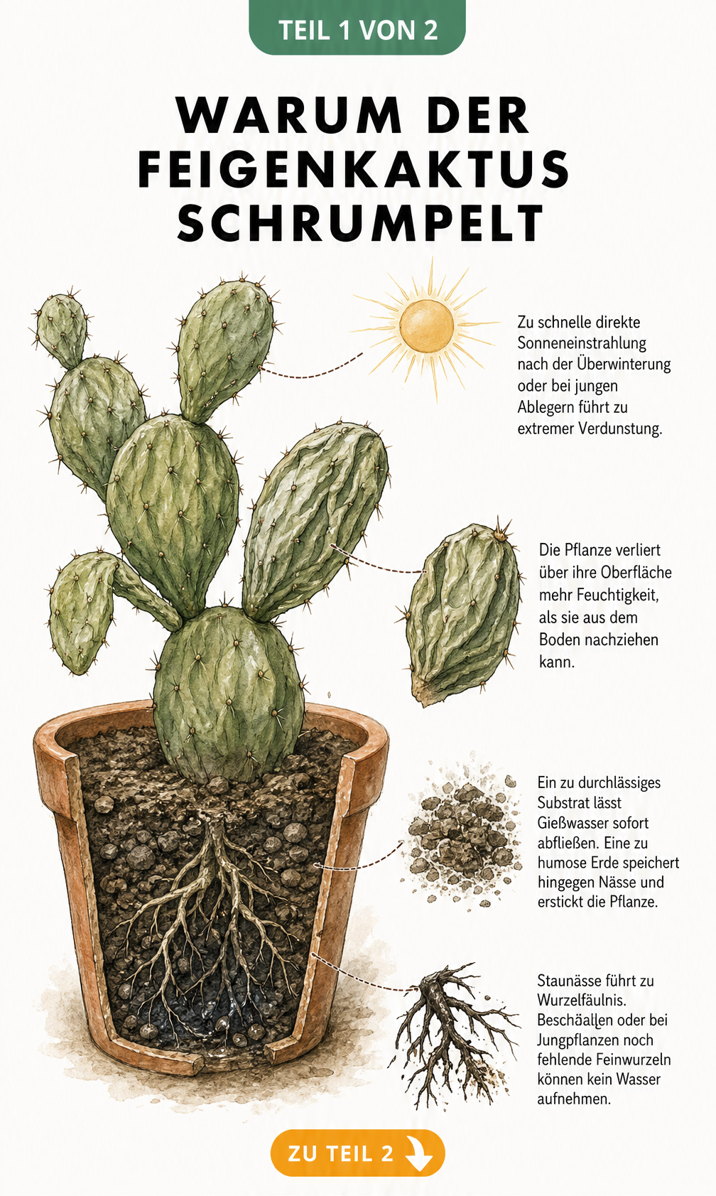 Botanische Illustration eines Feigenkaktus im Querschnitt, die Ursachen für das Schrumpeln wie Sonneneinstrahlung, falsches Substrat und Wurzelfäulnis zeigt.