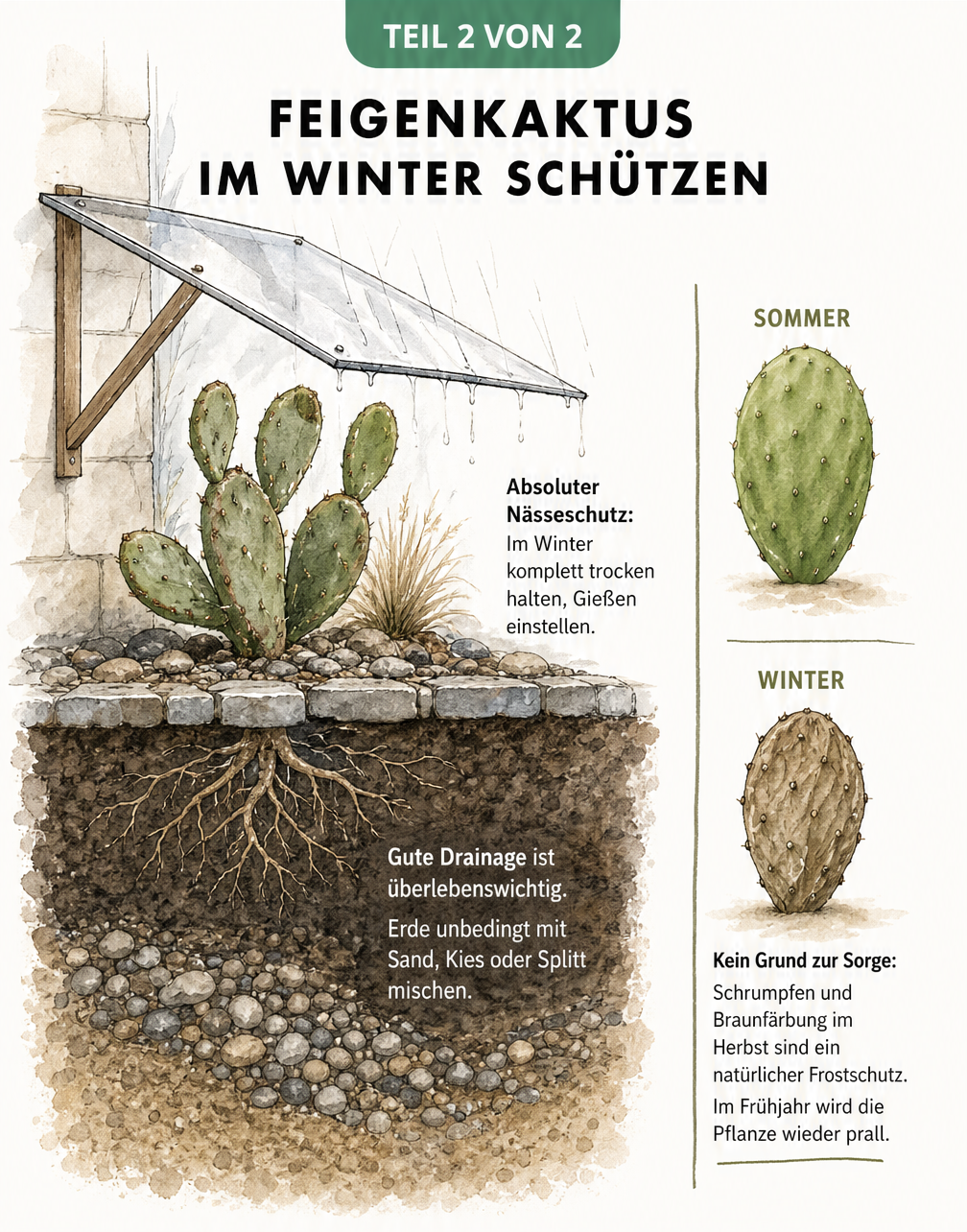 Schnittdarstellung eines Feigenkaktus im Gartenbeet, die die Bedeutung von Drainage und Nässeschutz im Winter zeigt.
