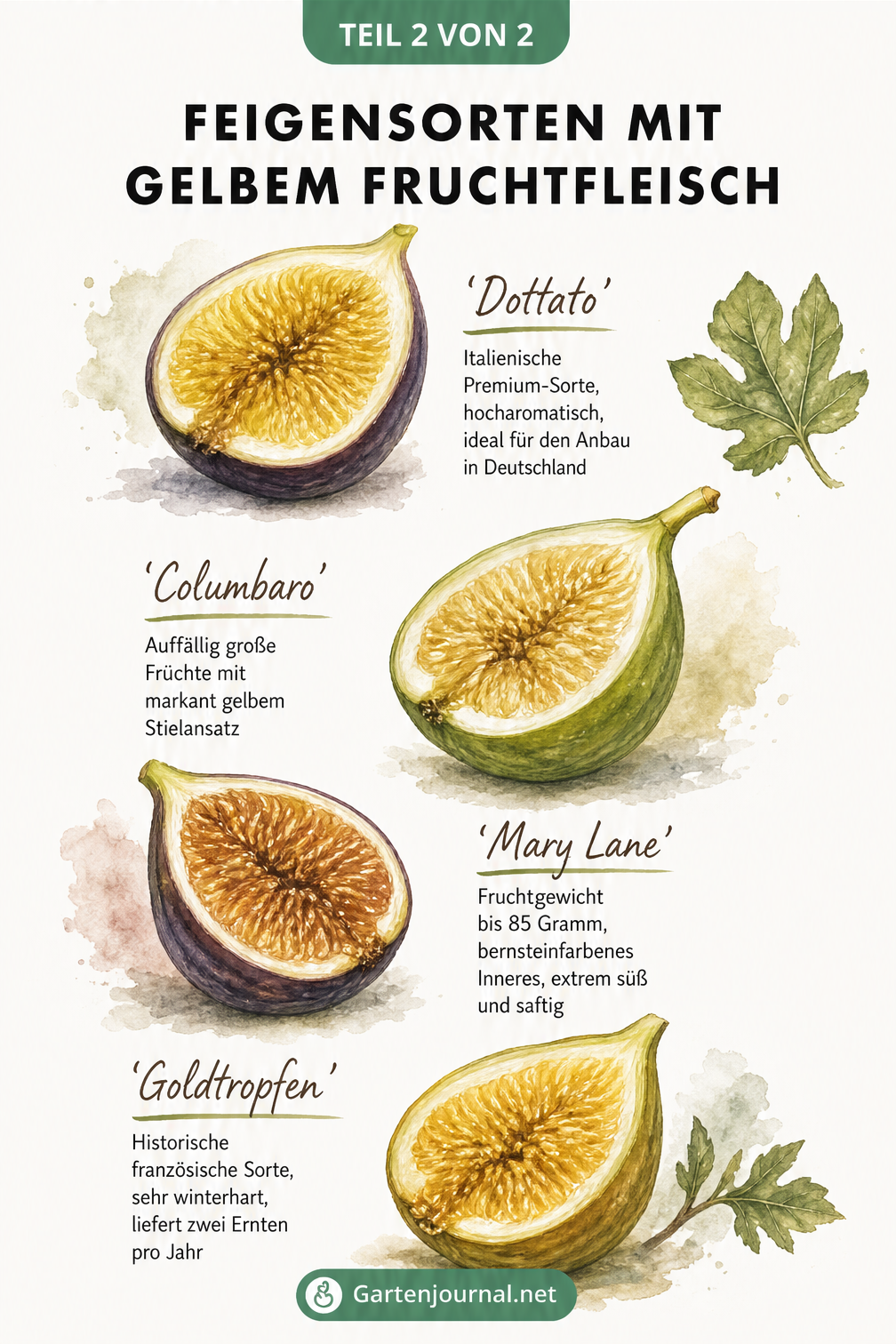 Aquarell-Übersicht von vier Feigensorten mit gelbem Fruchtfleisch: Dottato, Columbaro, Mary Lane und Goldtropfen