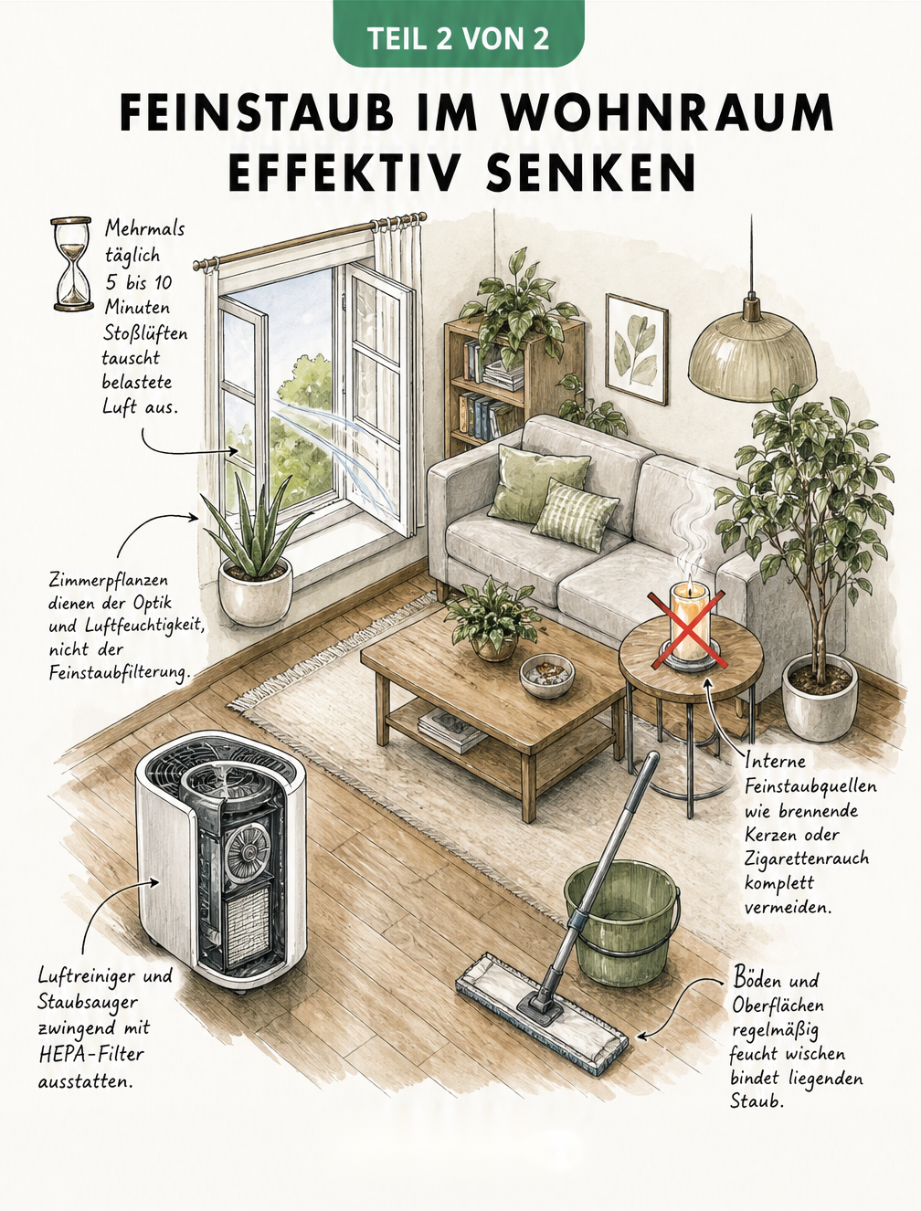 Isometrische Illustration eines Wohnzimmers mit Tipps zur Feinstaubreduzierung wie Stoßlüften und HEPA-Filter