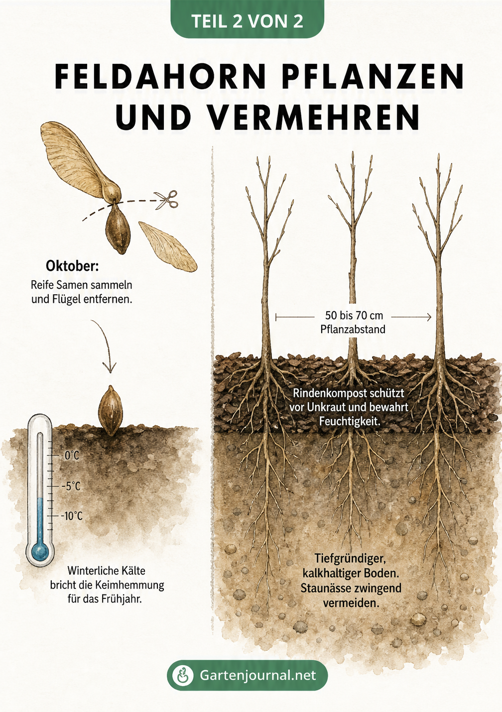 Skizze zur Aussaat und Pflanzung von Feldahorn, zeigt Samen in der Erde und wurzelnackte Pflanzen mit Pflanzabstand.