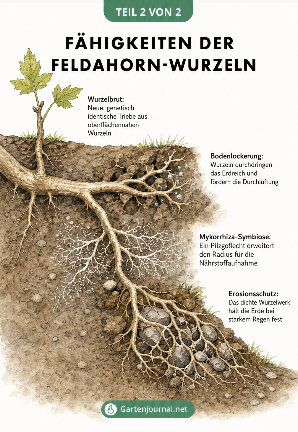 Detailansicht der Feldahorn-Wurzeln mit Darstellung von Wurzelbrut, Bodenlockerung, Mykorrhiza-Symbiose und Erosionsschutz.