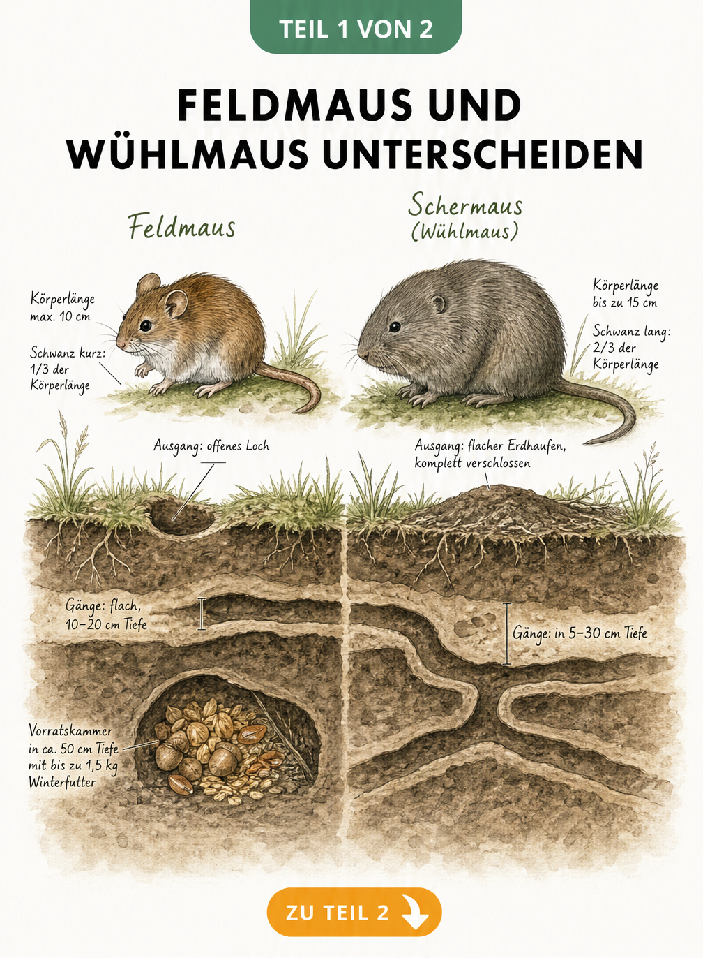 Querschnitt-Illustration eines Gartenbodens, die Feldmaus und Schermaus mit ihren Gangsystemen und Körpermerkmalen vergleicht.