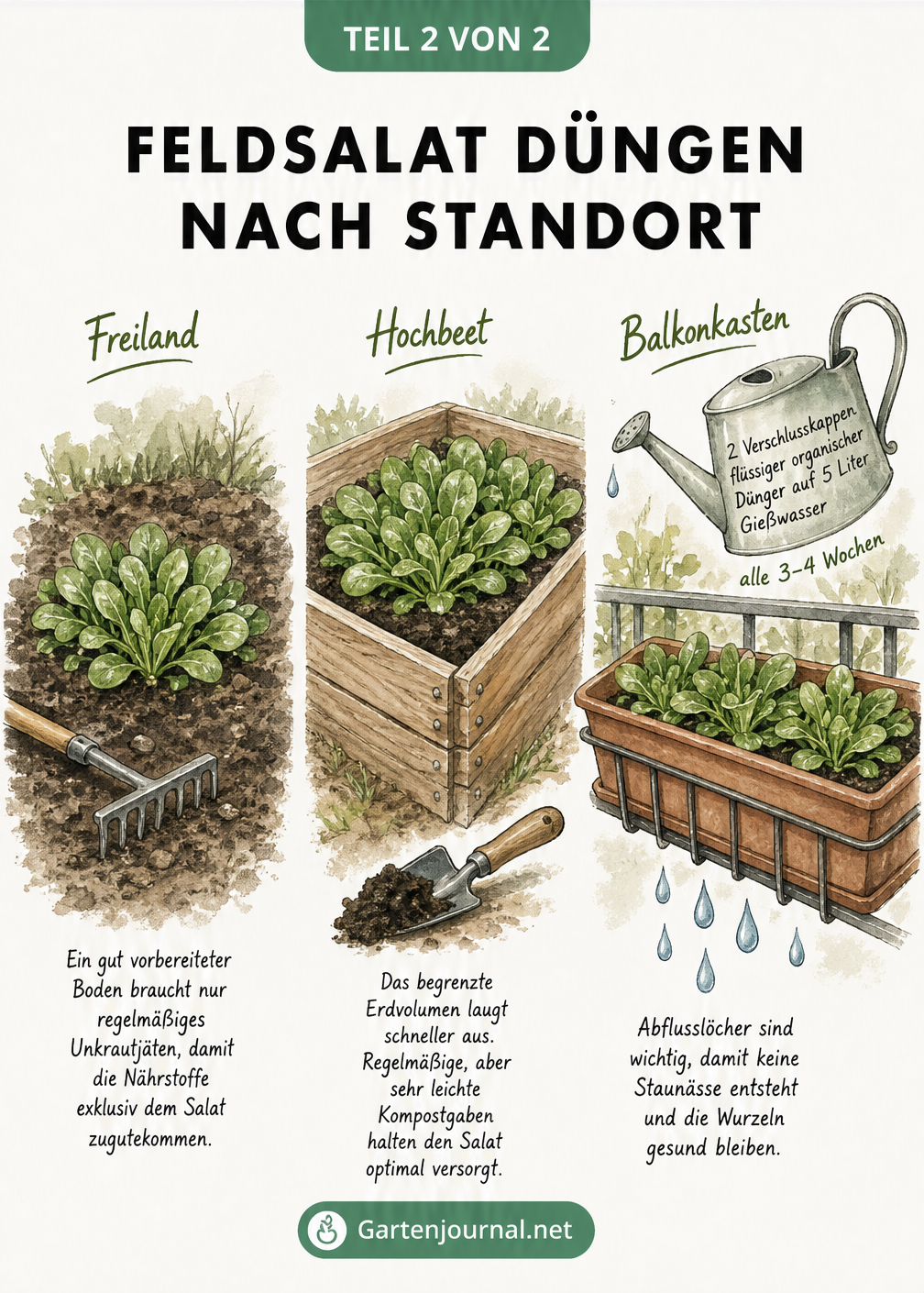 Skizze von drei Anbauorten für Feldsalat: Freiland, Hochbeet und Balkonkasten, mit den jeweiligen Düngeempfehlungen.