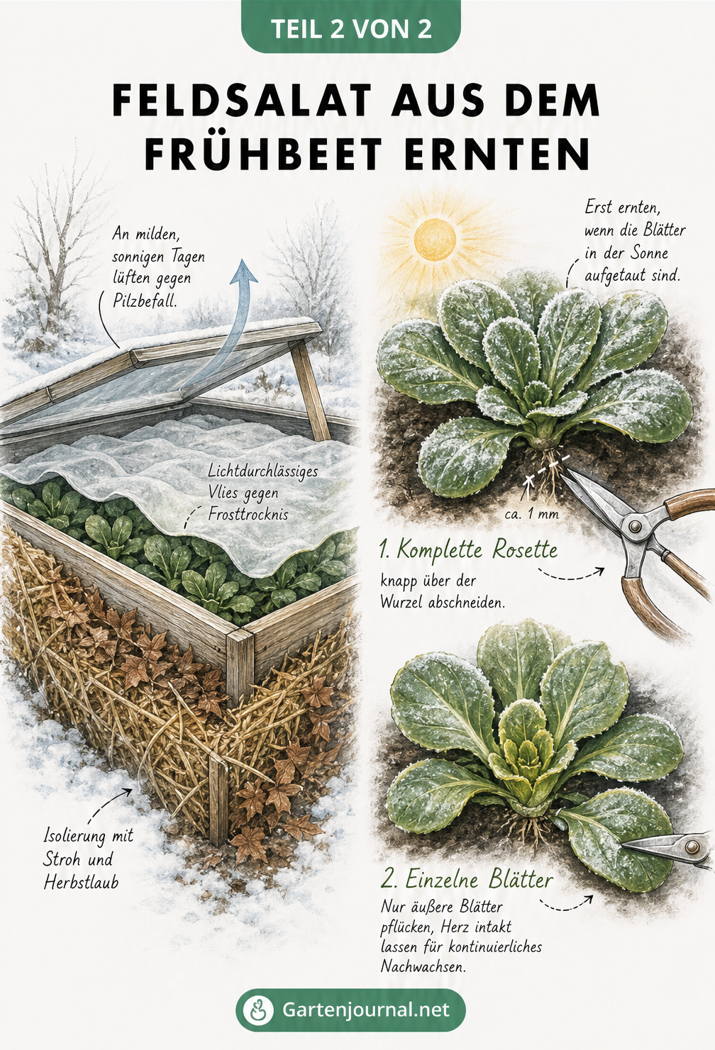 Illustration eines Frühbeets im Winter mit Isolationsschichten und Erntemethoden für Feldsalat
