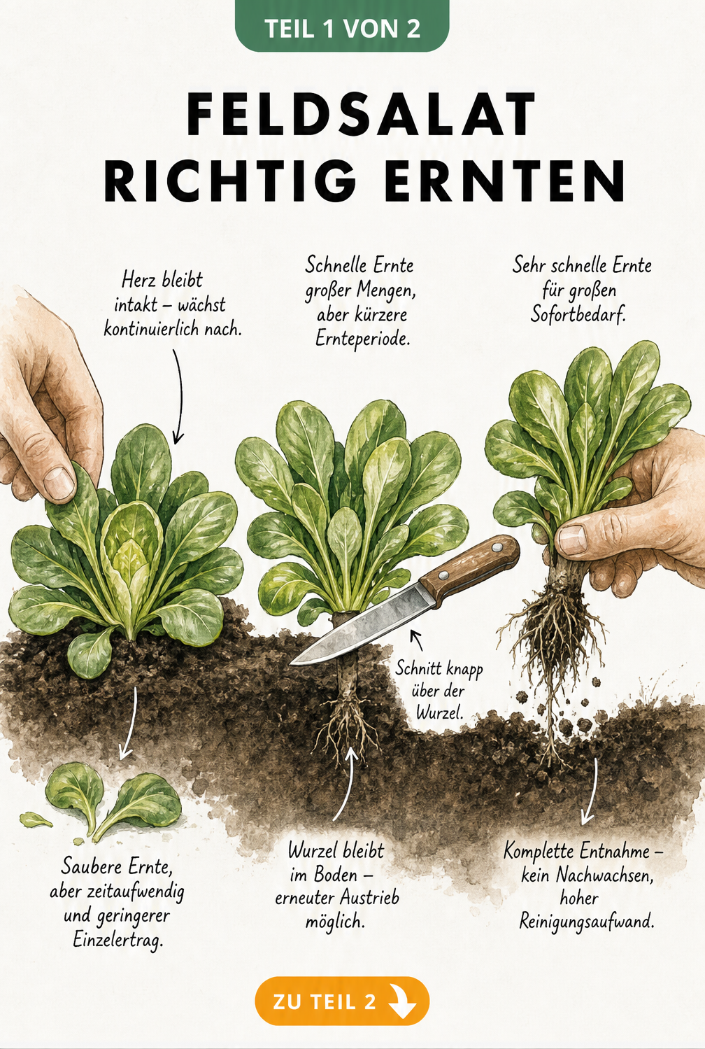 Illustration von drei Feldsalat-Pflanzen im Erdquerschnitt, die verschiedene Erntemethoden zeigen: Blätter zupfen, über der Wurzel abschneiden und komplett mit...