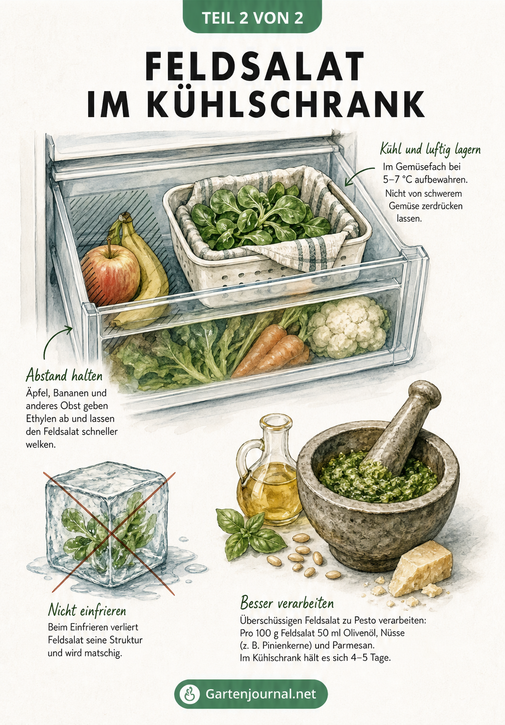 Schnittzeichnung eines Kühlschrank-Gemüsefachs mit eingewickeltem Feldsalat bei 5 bis 7 Grad, getrennt von Äpfeln und Bananen. Darunter ein durchgestrichener...