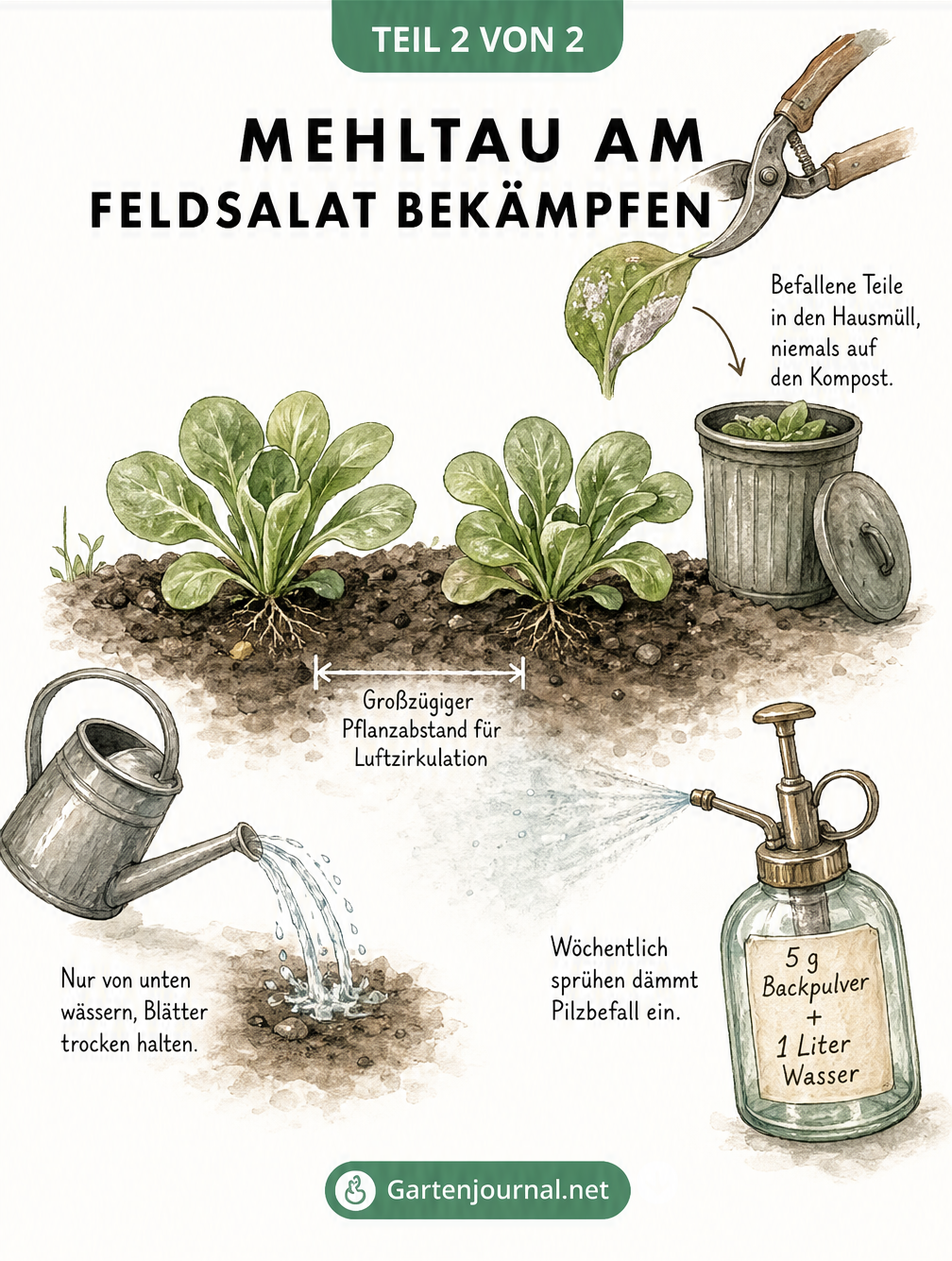 Skizze eines Gartenbeets mit Feldsalat, die Maßnahmen zur Bekämpfung von Mehltau wie Gießen von unten und Backpulver-Spray zeigt.