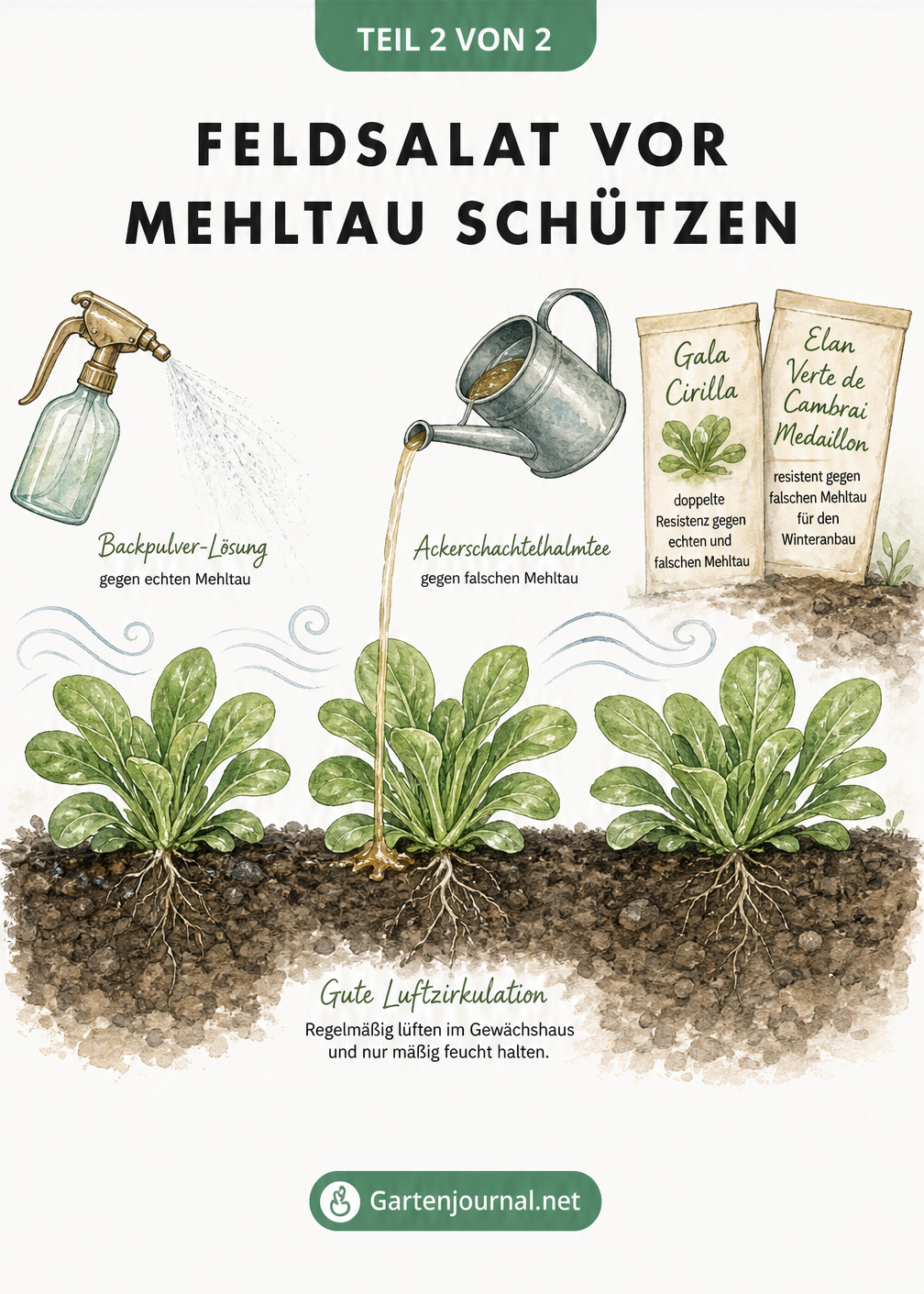 Gartenbeet mit Feldsalat, Sprühflasche, Gießkanne und Saatguttüten