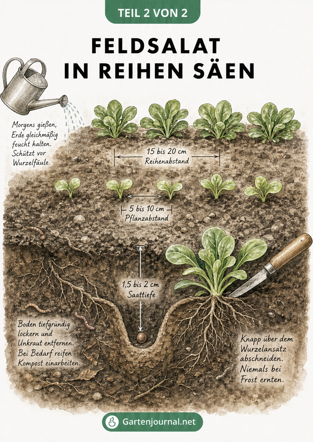 Querschnitt eines Gartenbeets mit Feldsalat, der Reihenabstand, Pflanzabstand und Saattiefe zeigt