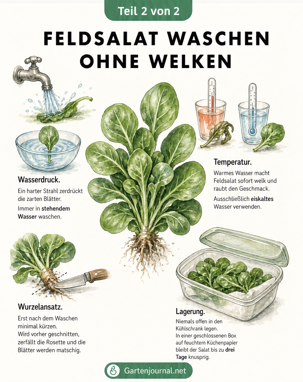 Illustration: Häufige Fehler beim Feldsalat waschen vermeiden, wie harter Wasserstrahl, warmes Wasser oder falsches Kürzen der Wurzeln.