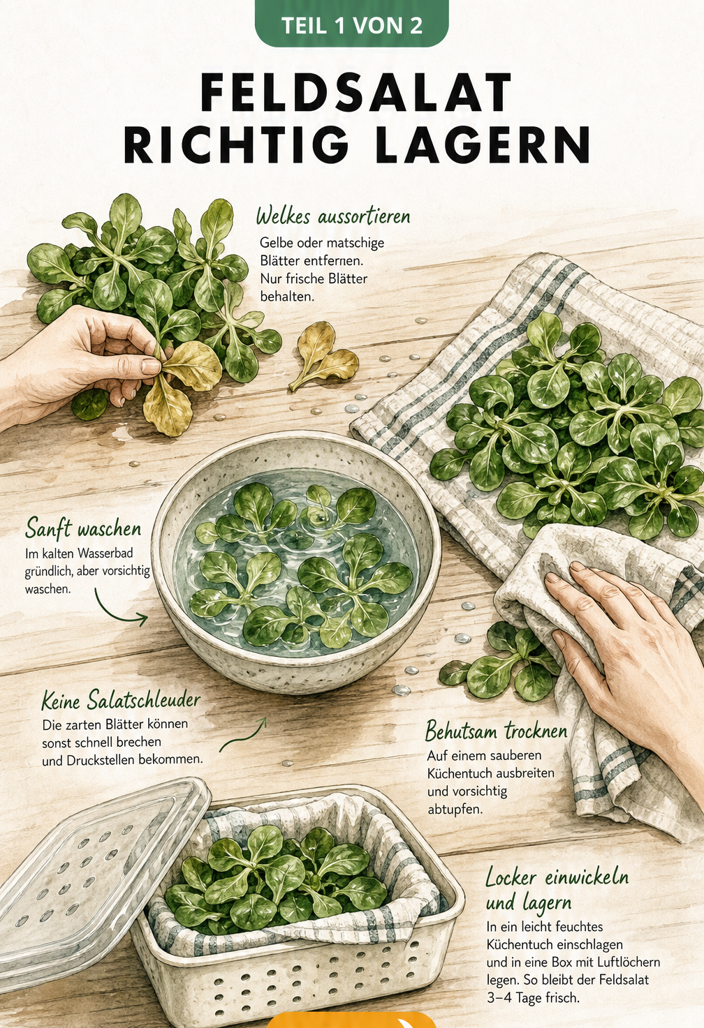 Illustration der Vorbereitung von Feldsalat: Welke Blätter aussortieren, im kalten Wasserbad waschen, auf einem Baumwolltuch trocknen und in ein feuchtes...