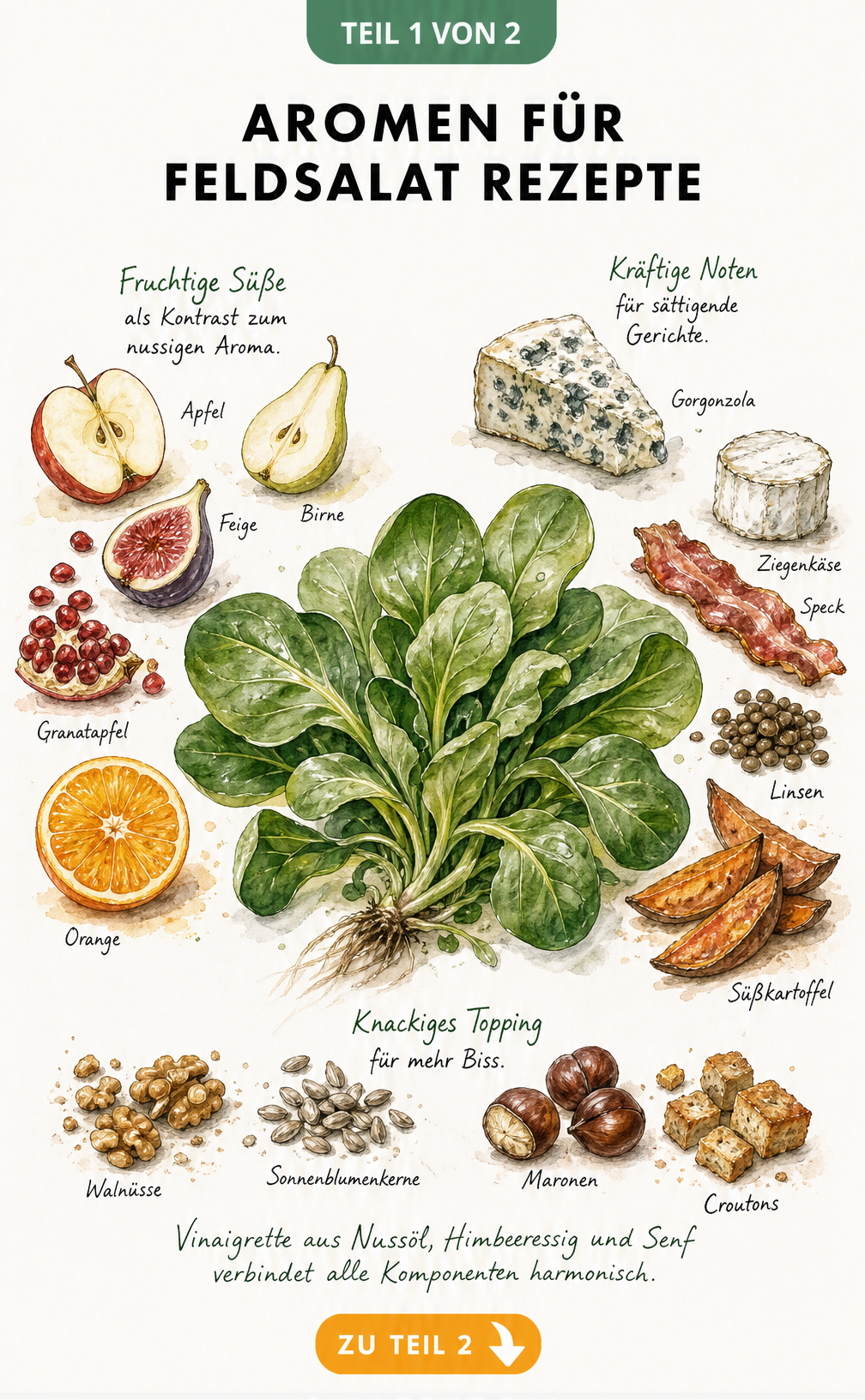 Illustration verschiedener Zutaten wie Apfel, Walnuss und Gorgonzola, die geschmacklich zu Feldsalat passen