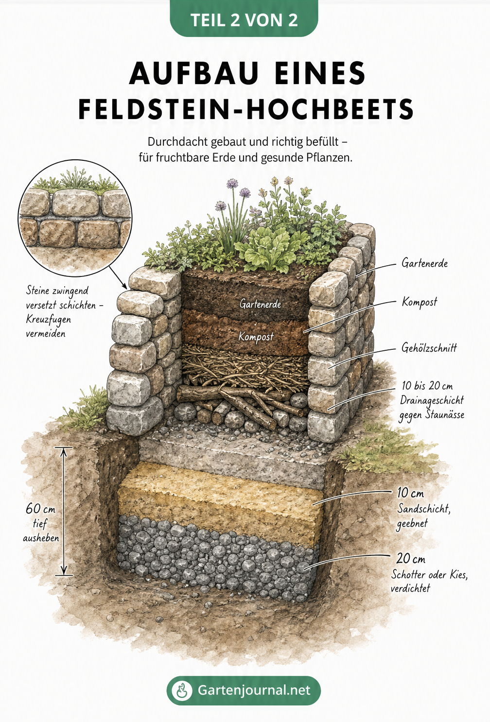 Querschnitt durch ein Feldstein-Hochbeet mit Fundament, Maueraufbau und Erdschichten
