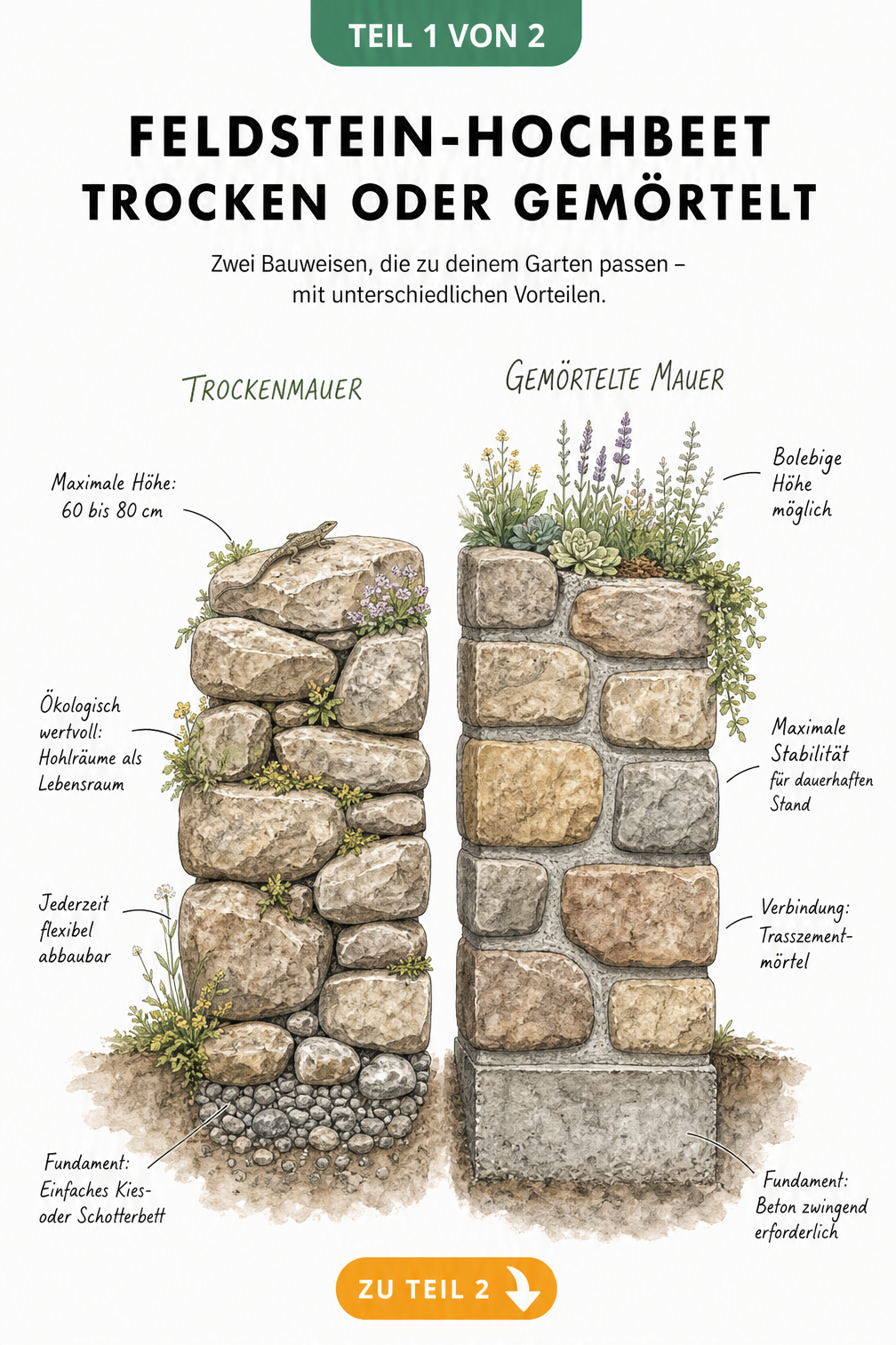 Vergleich einer Trockenmauer und einer gemörtelten Mauer für ein Feldstein-Hochbeet