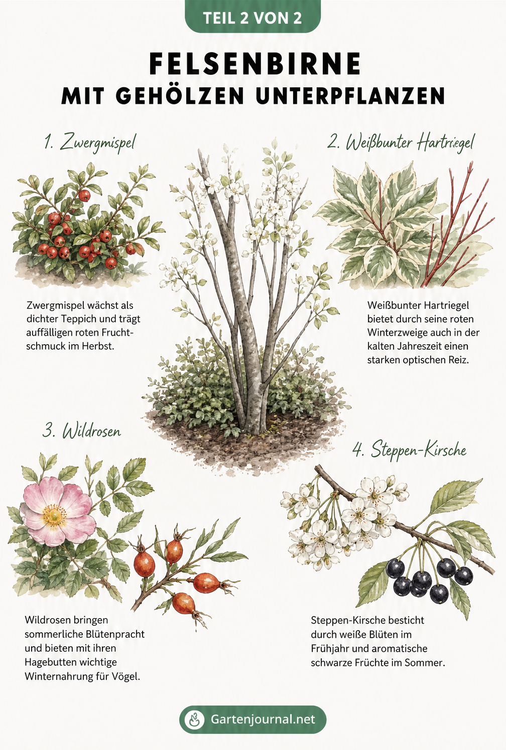 Botanische Illustration von vier Gehölzen zur Unterpflanzung der Felsenbirne: Zwergmispel, Weißbunter Hartriegel, Wildrosen und Steppen-Kirsche.