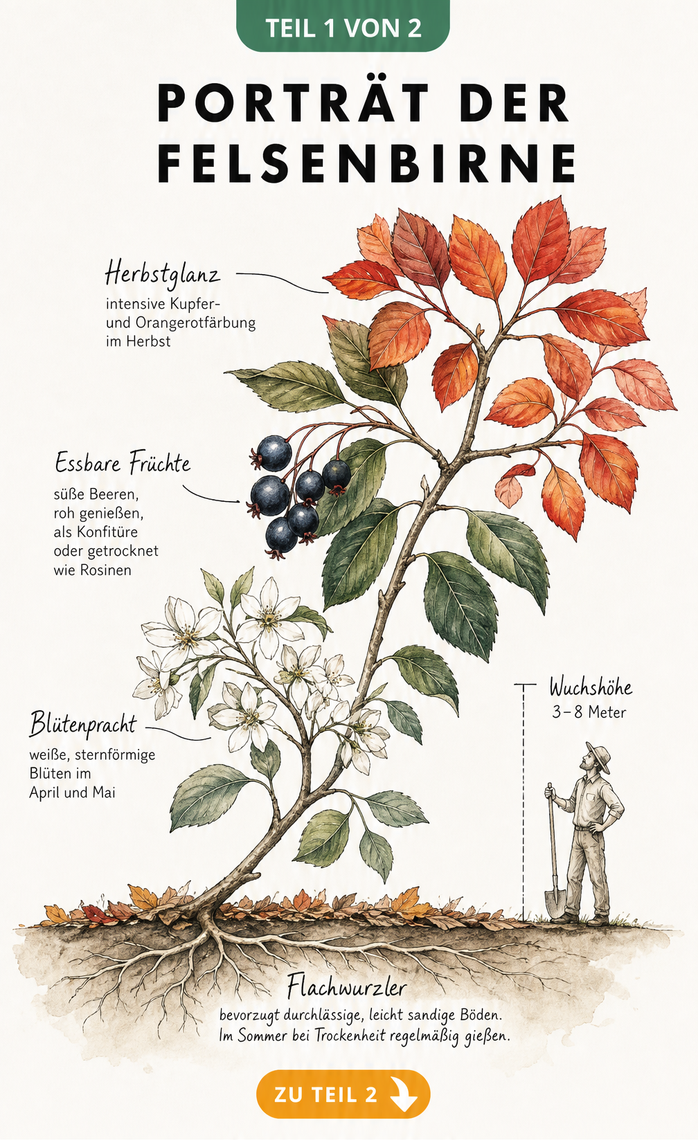 Botanische Illustration der Felsenbirne mit Blüten, Früchten, Herbstlaub und Wurzelwerk