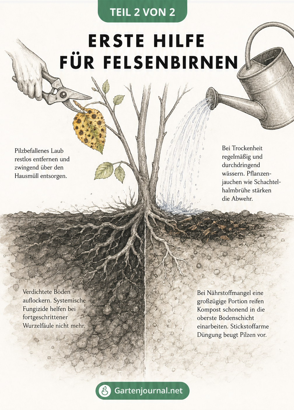 Querschnitt-Illustration einer Felsenbirne, die Erste-Hilfe-Maßnahmen wie das Entfernen pilzbefallener Blätter, Bodenauflockerung, richtiges Gießen und Düngen...