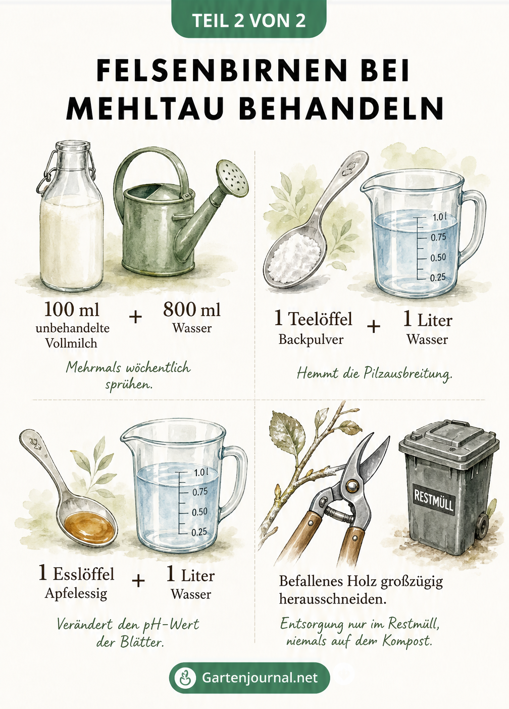 Illustration von Hausmitteln gegen Mehltau an Felsenbirnen: Milch-Wasser-Mischung, Backpulver, Apfelessig und eine Gartenschere zum Herausschneiden befallener...