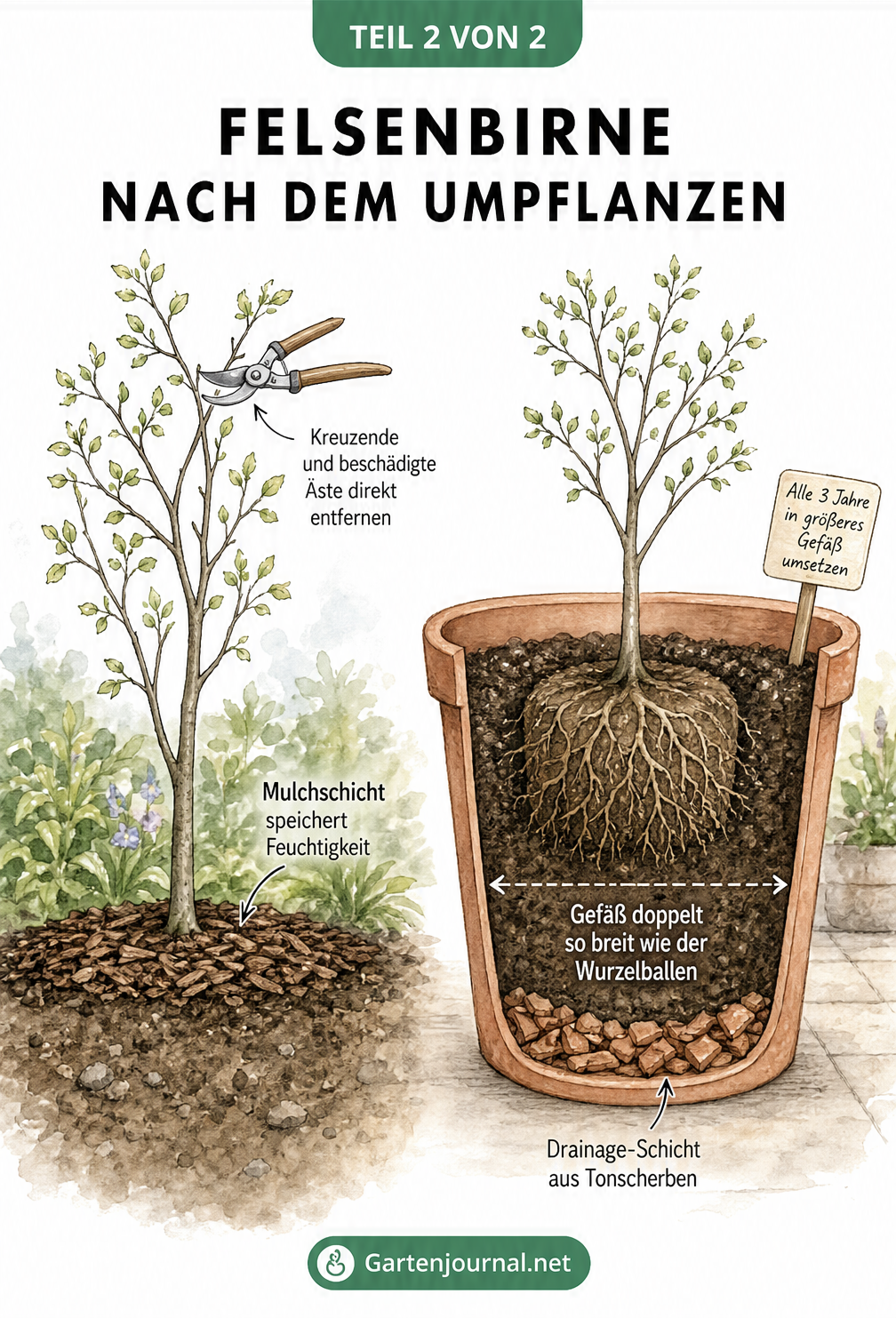 Illustration zur Pflege der Felsenbirne nach dem Umpflanzen: Mulchen, Rückschnitt und Haltung im Kübel