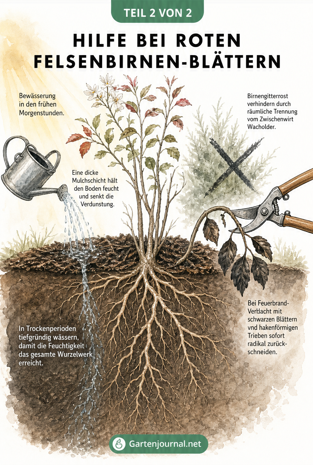 Querschnitt eines Gartenbeets mit Felsenbirne, der Maßnahmen gegen Trockenstress durch tiefes Wässern und Mulchen sowie den Rückschnitt bei Krankheiten zeigt.