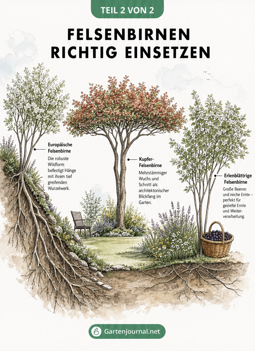 Gartenlandschaft im Querschnitt mit drei Pflanzsituationen für Felsenbirnen: Hangbefestigung, Solitärgehölz und Randbereich.
