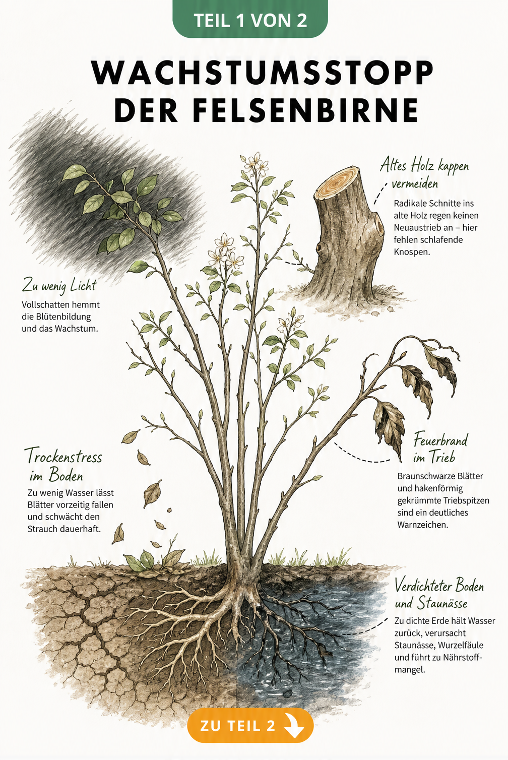 Botanische Illustration einer kümmernden Felsenbirne mit Ursachen für Wachstumsstopp wie Vollschatten, falscher Schnitt, Feuerbrand, Trockenstress und...