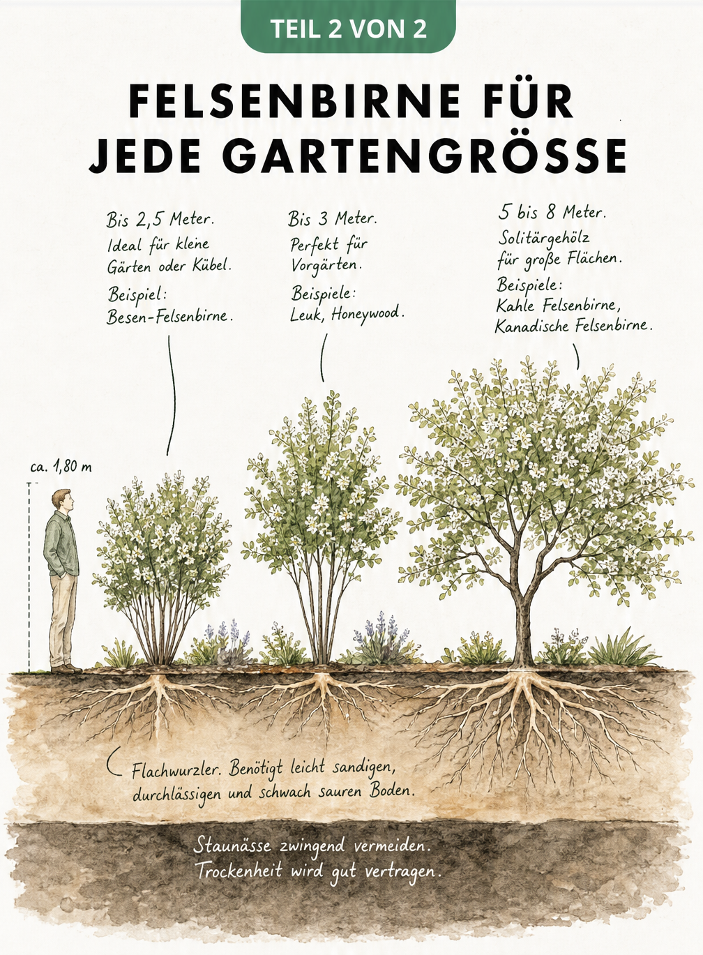 Gartenarchitektur-Skizze mit drei Felsenbirnen unterschiedlicher Wuchshöhe und ihrem flachen Wurzelsystem