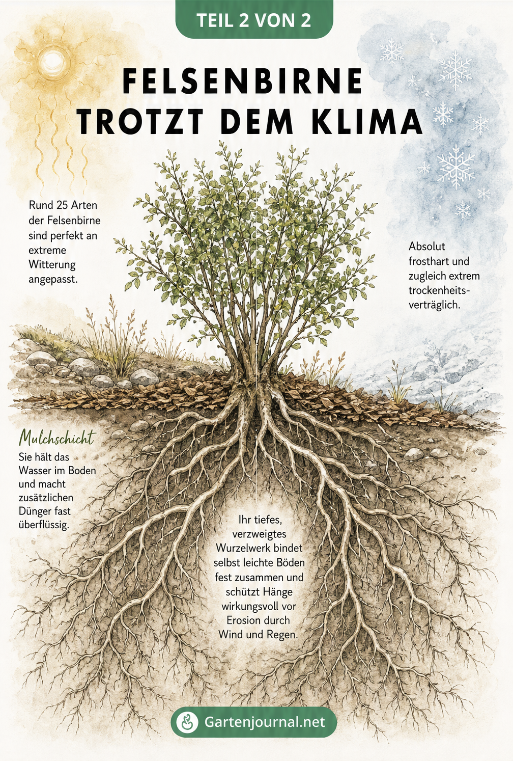 Querschnitt einer Felsenbirne mit tiefem Wurzelwerk und Mulchschicht im Boden